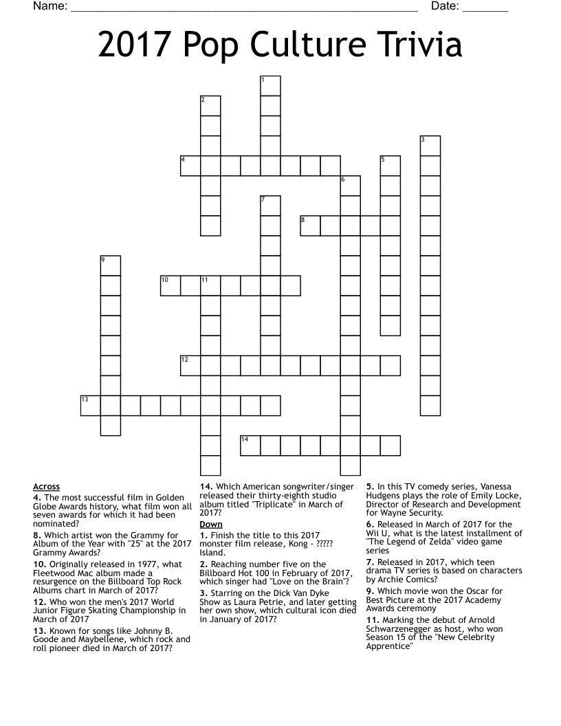 2017 Pop Culture Trivia Crossword WordMint