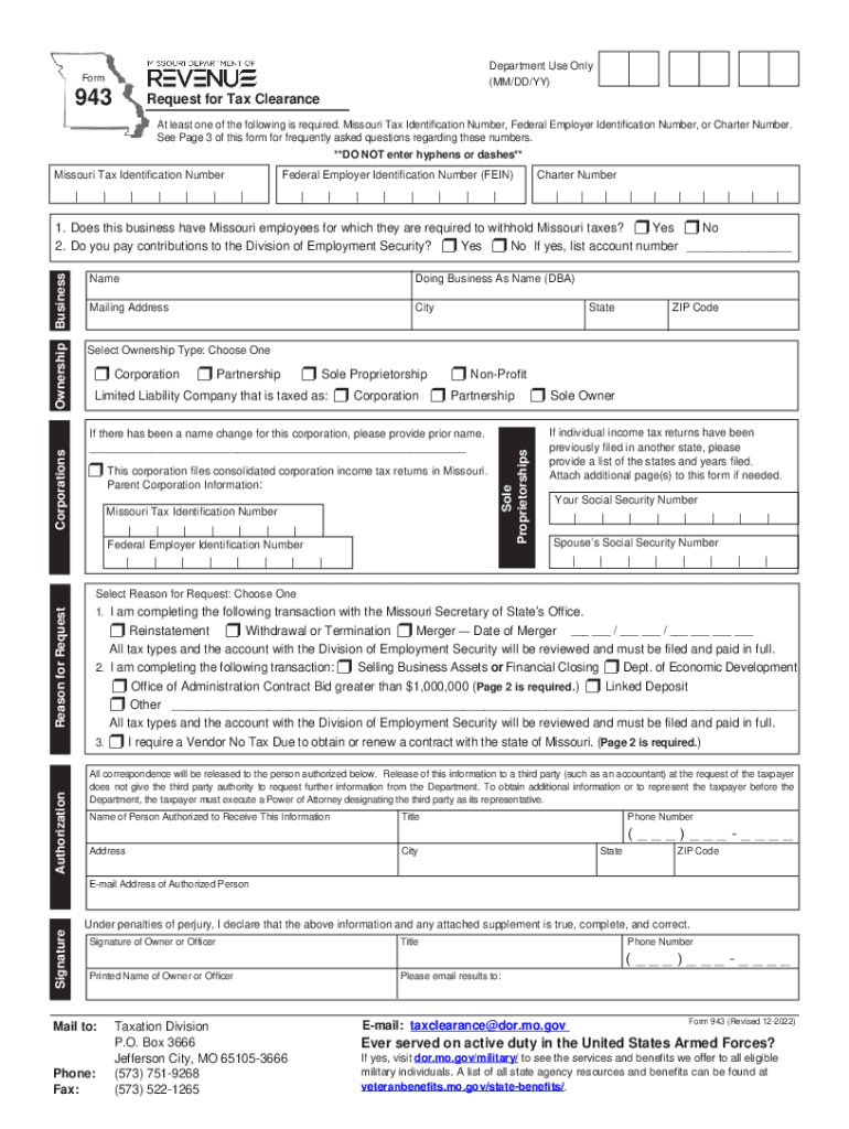 2022 2025 Form MO DoR 943 Fill Online Printable Fillable Blank 