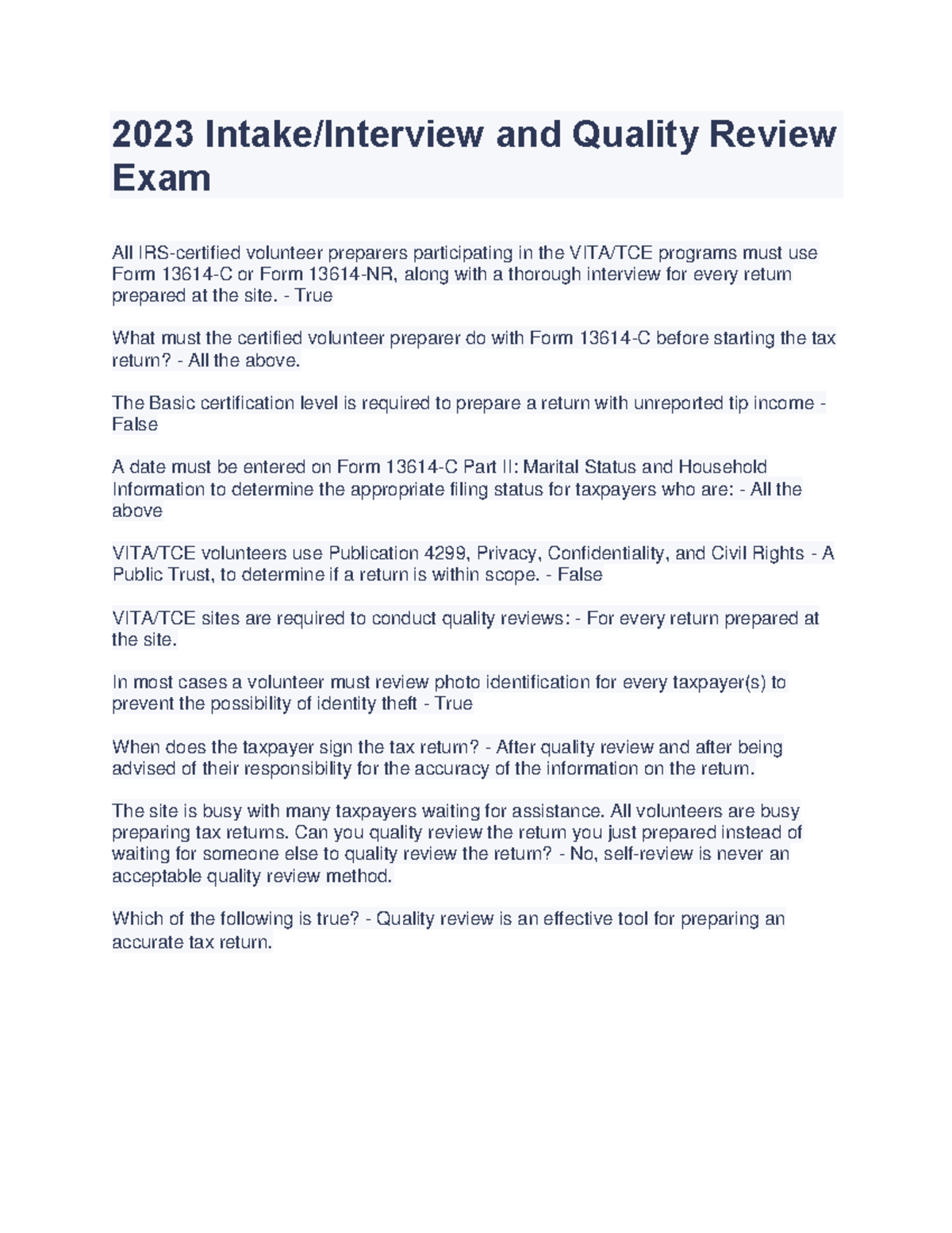 2023 Quality Review Exam For Volunteer Tax Preparers Studocu