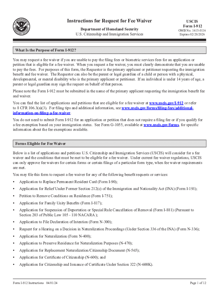 2024 Form USCIS I 912 Instructions Fill Online Printable 