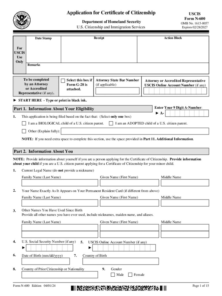 2024 Form USCIS N 600 Fill Online Printable Fillable Blank 