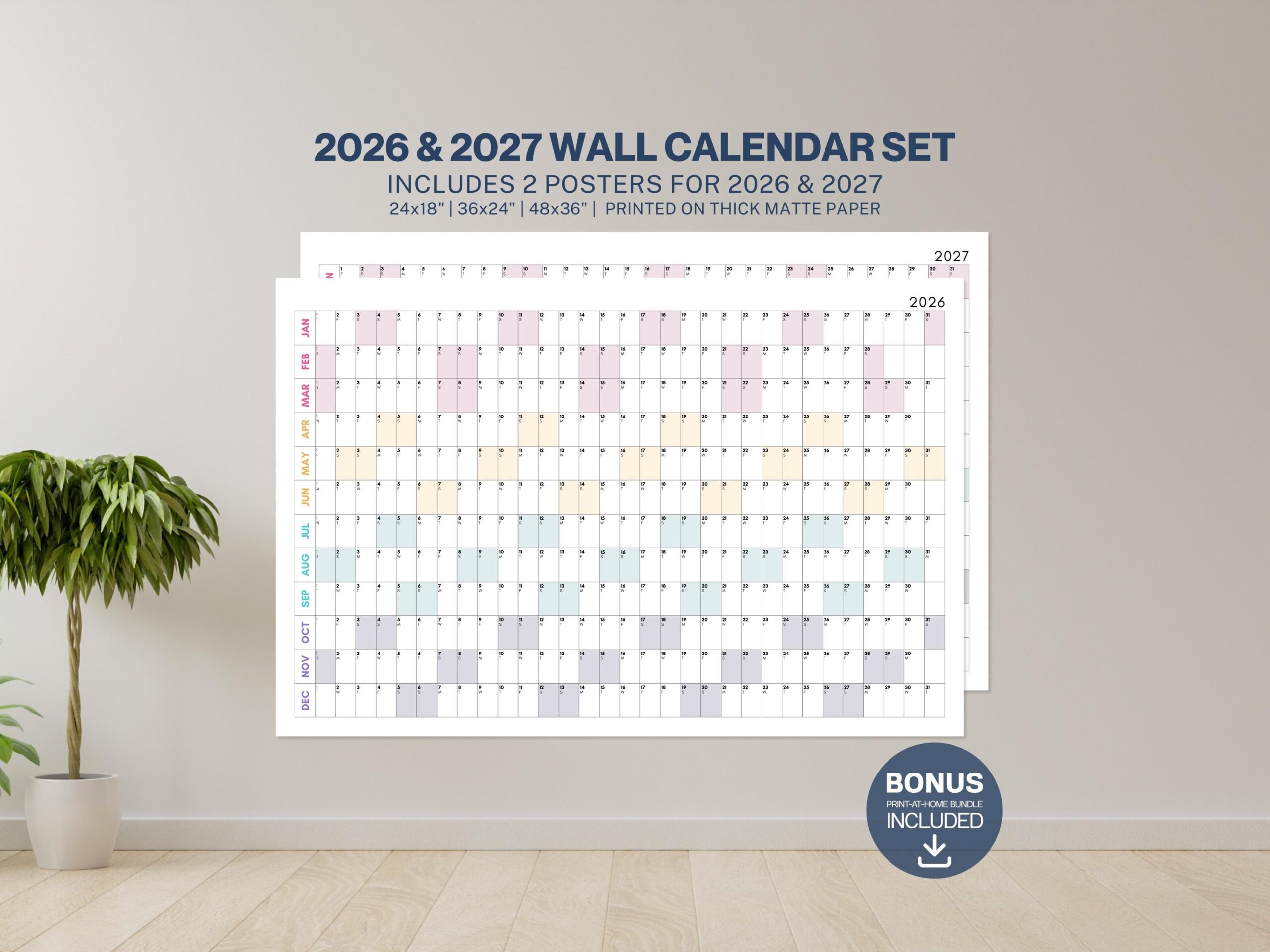 2026 2027 Calendar Bundle 2 Large Wall Posters Minimal Pastel 