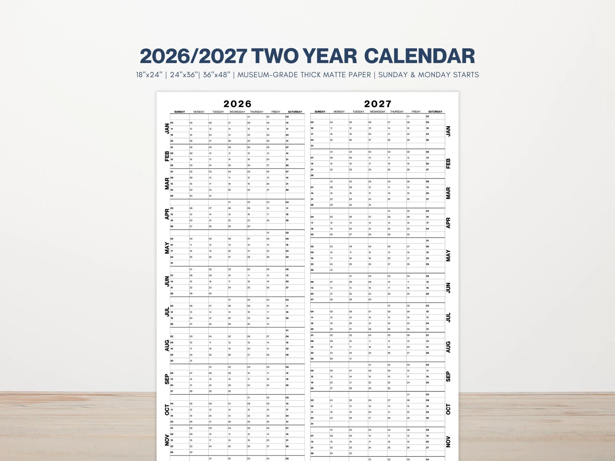 2026 2027 Two year Wall Calendar Large Size Printed Poster 