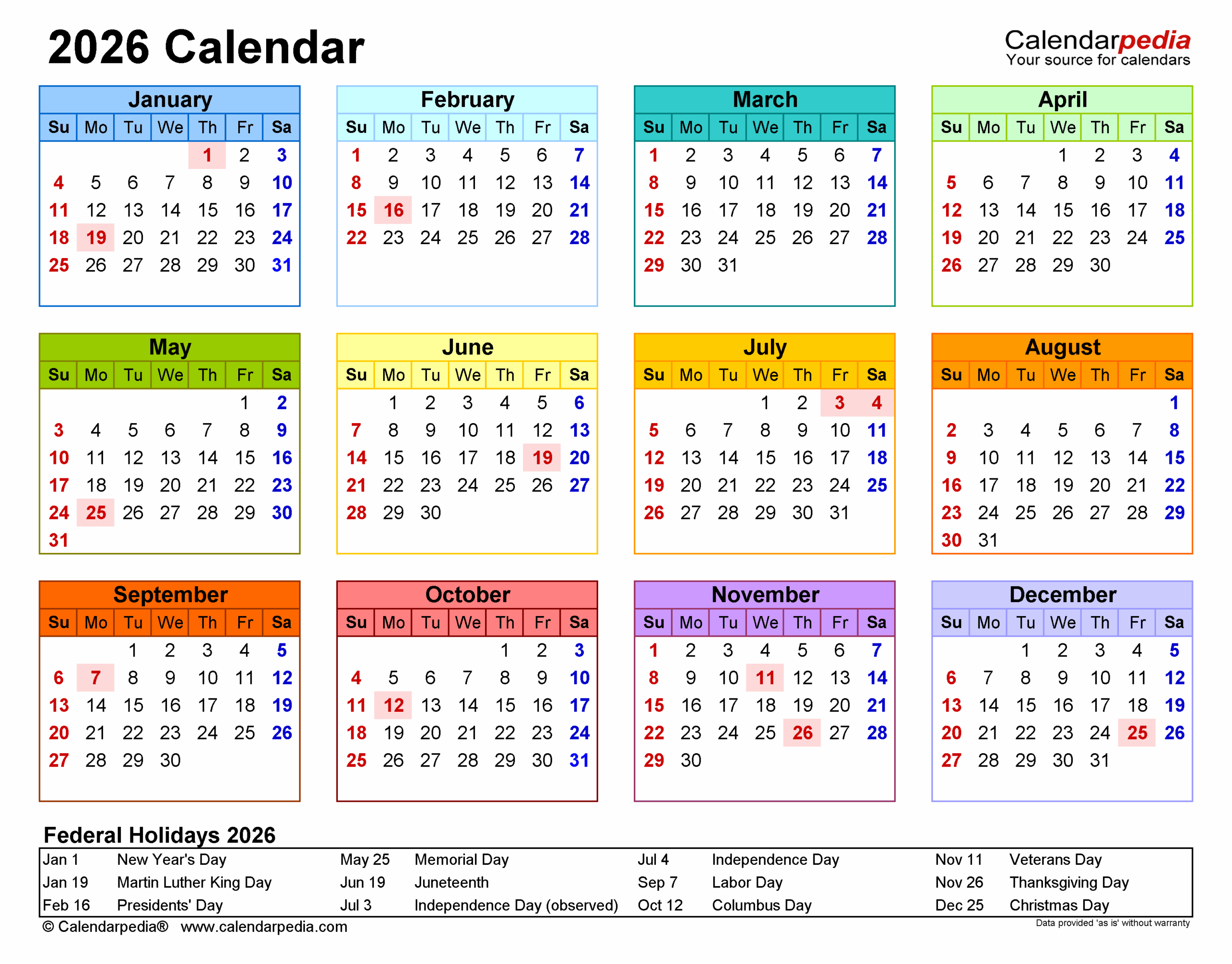 Printable Calendar For Year 2026 United States
