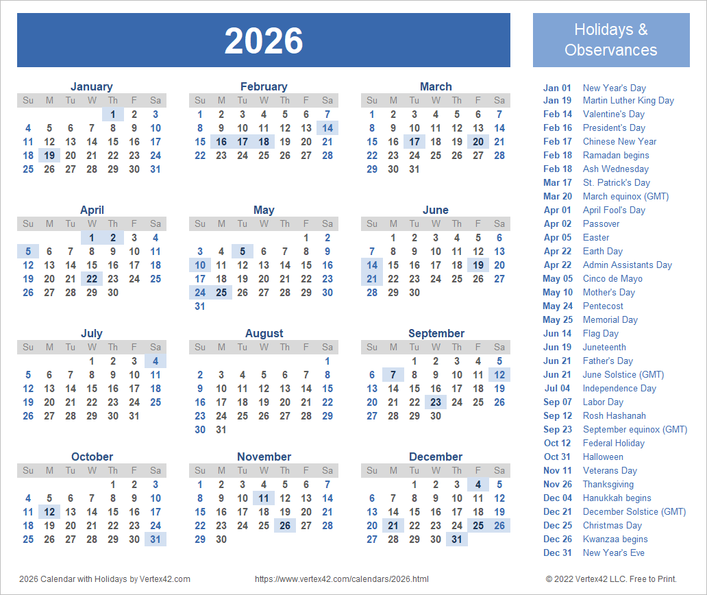 2026 Year Printable Calendar