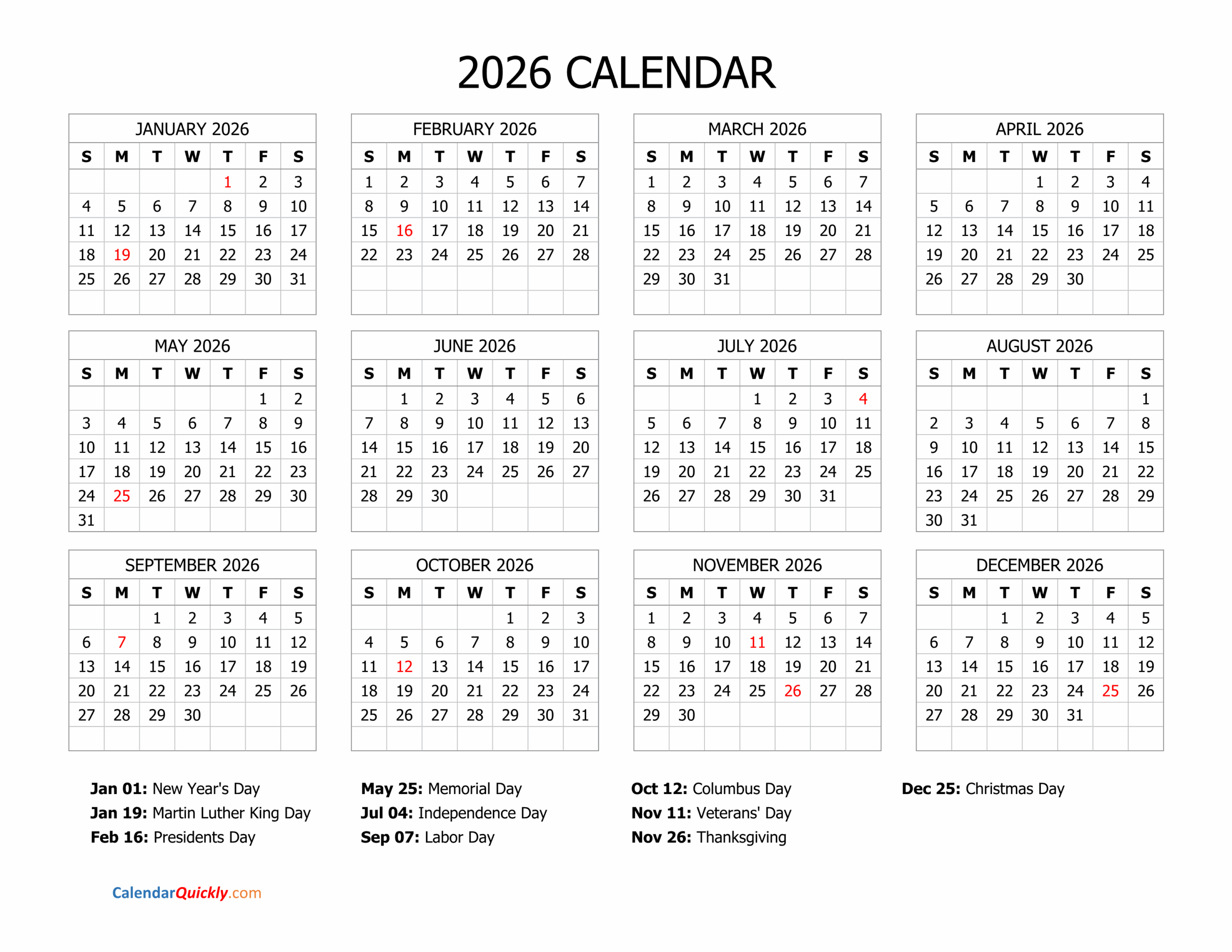 2026 Calendar With Holidays Calendar Quickly