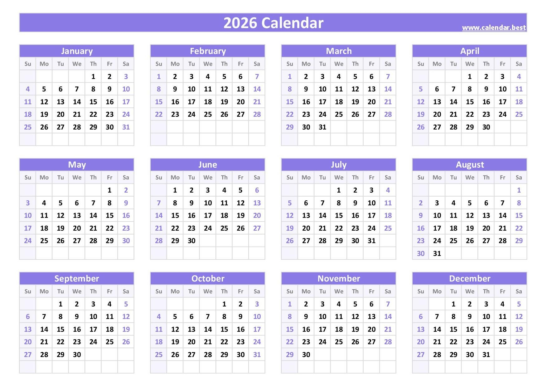 A Printable Calendar 2026