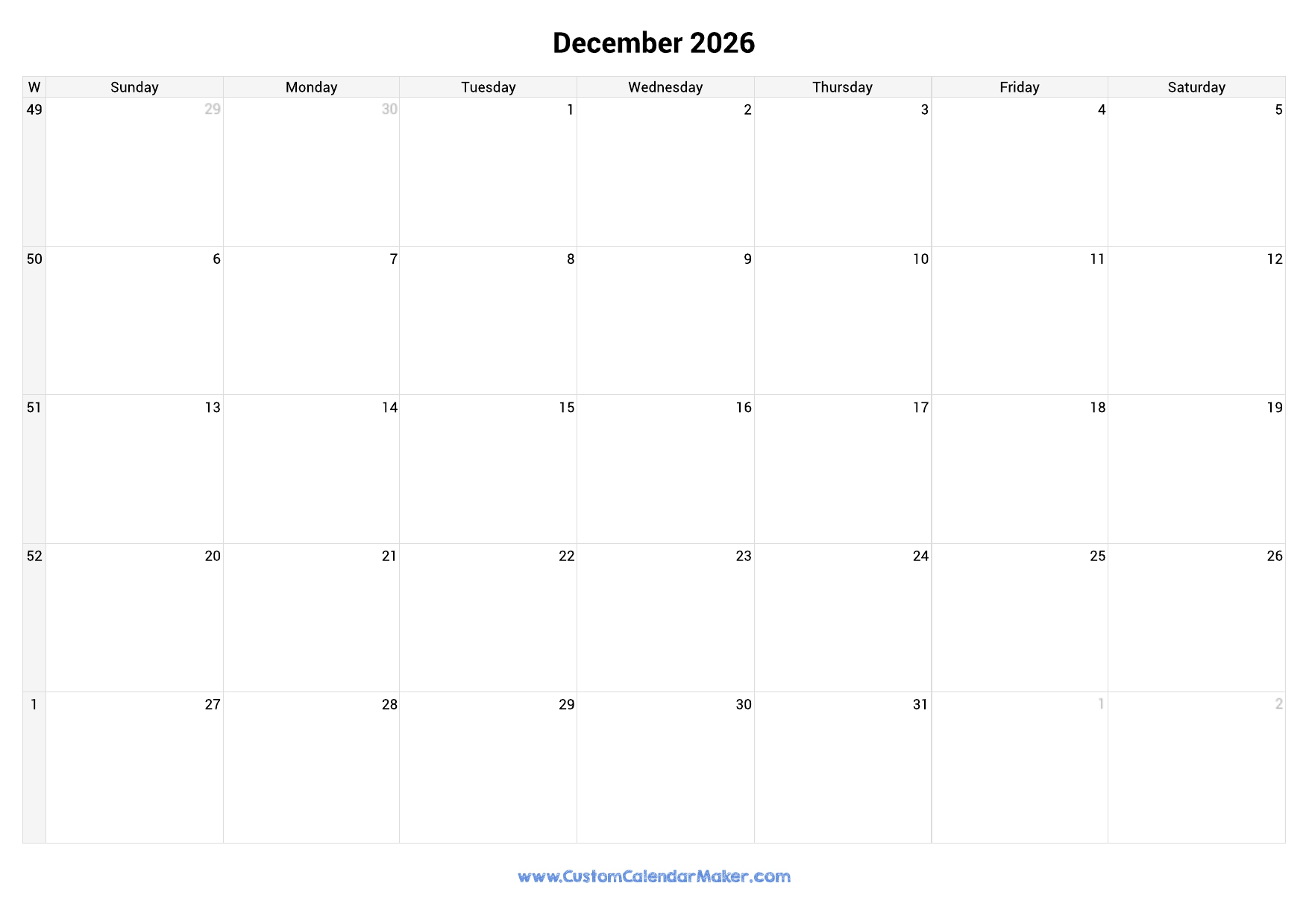 2026 Calendar With Week Numbers Custom Calendar Maker