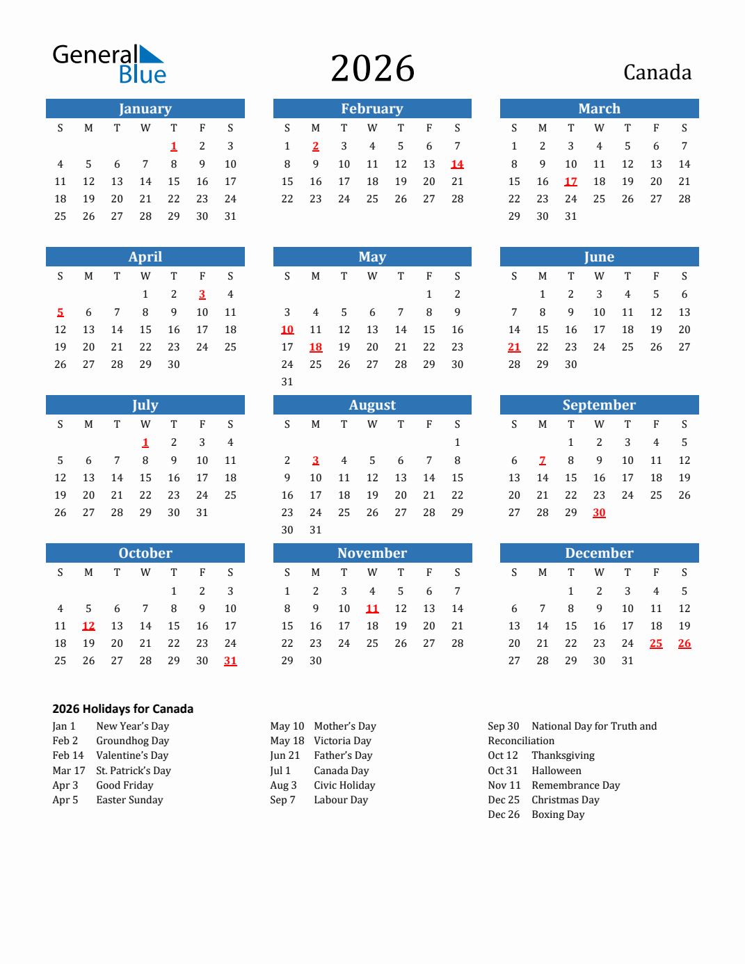 July 2026 Calendar Canada Printable