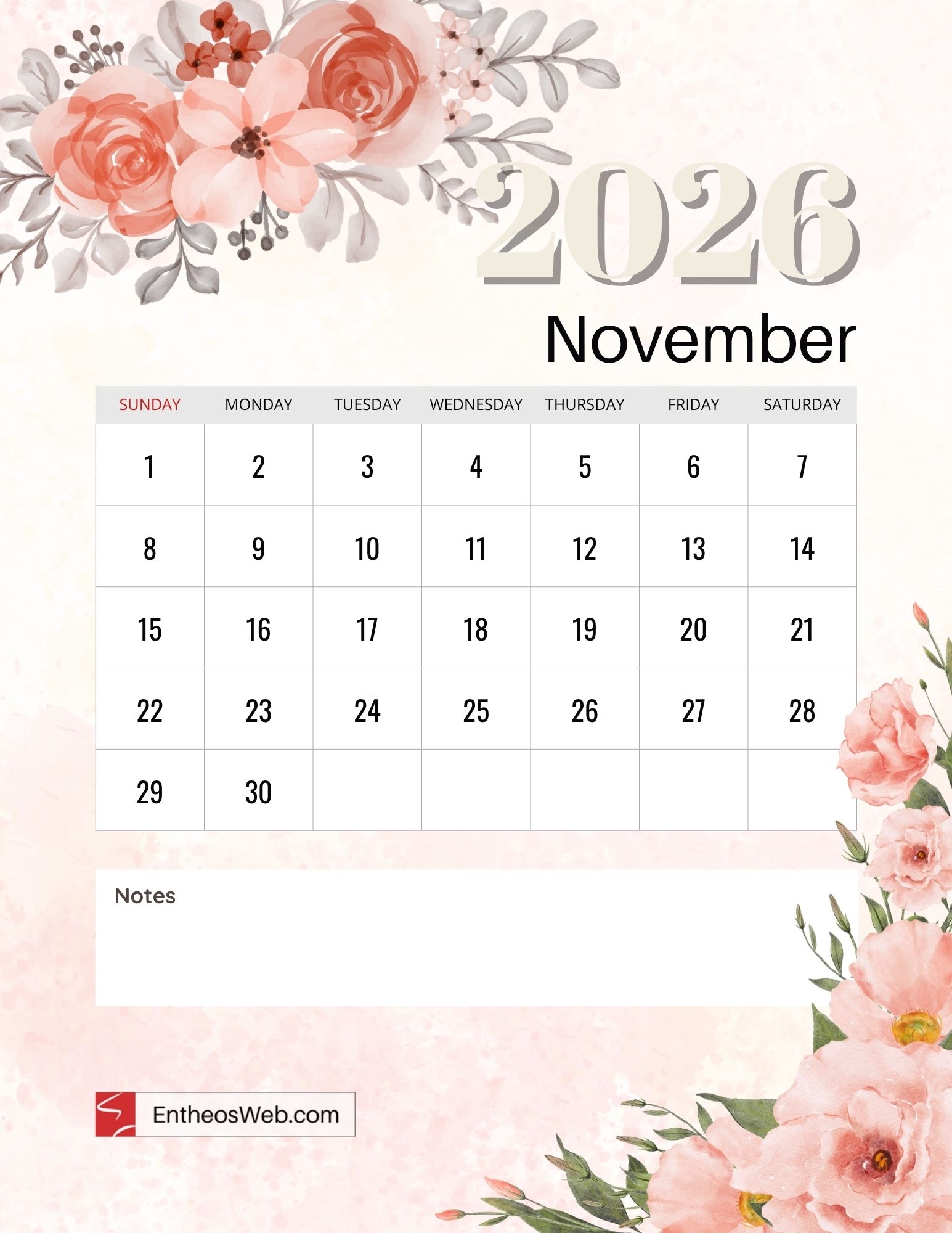 2026 Floral Month Printable Calendar EntheosWeb