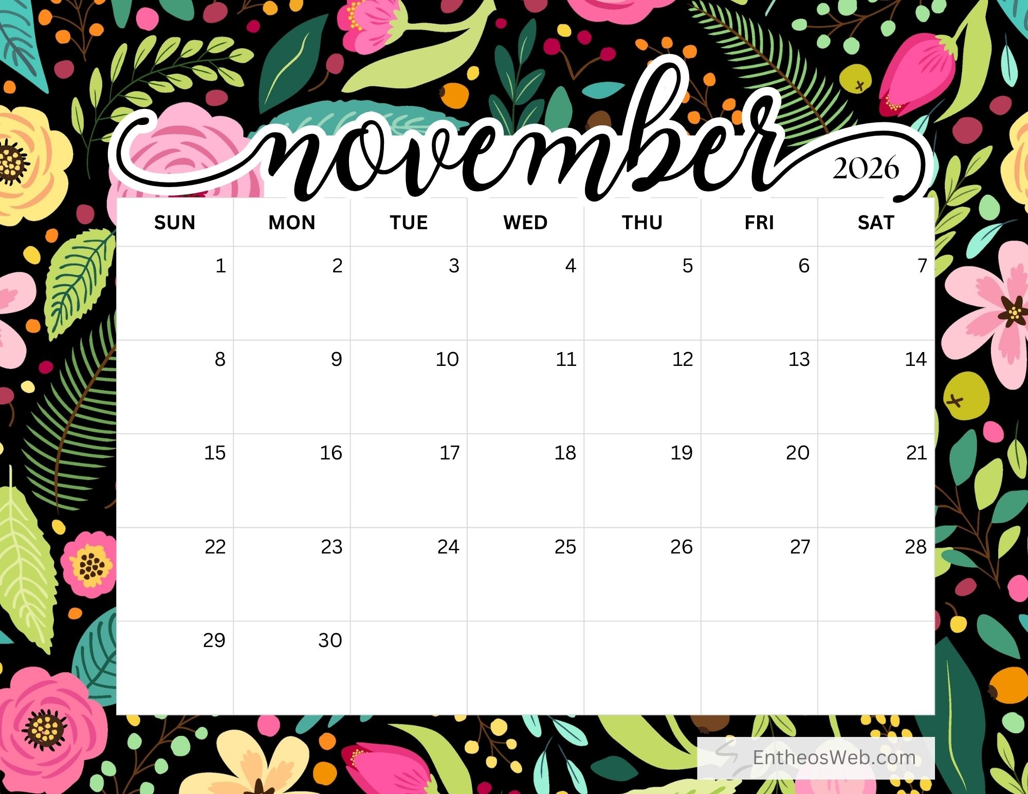 November Printable Calendar 2026 Flowers