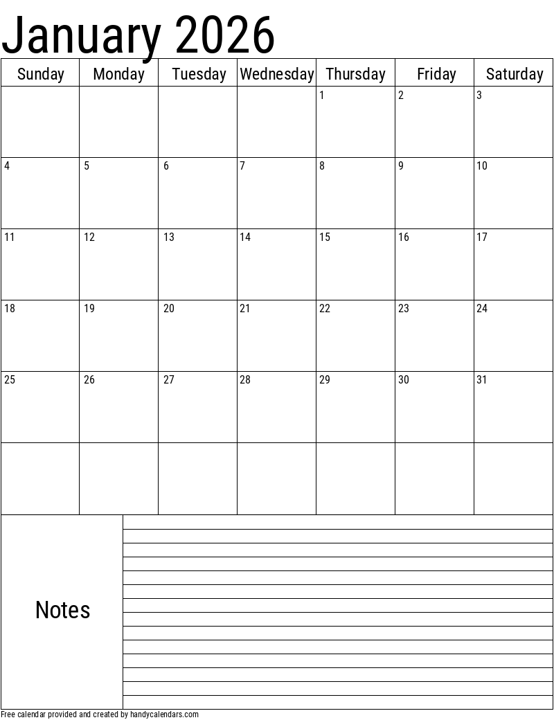 Free Printable Calendar January 2026