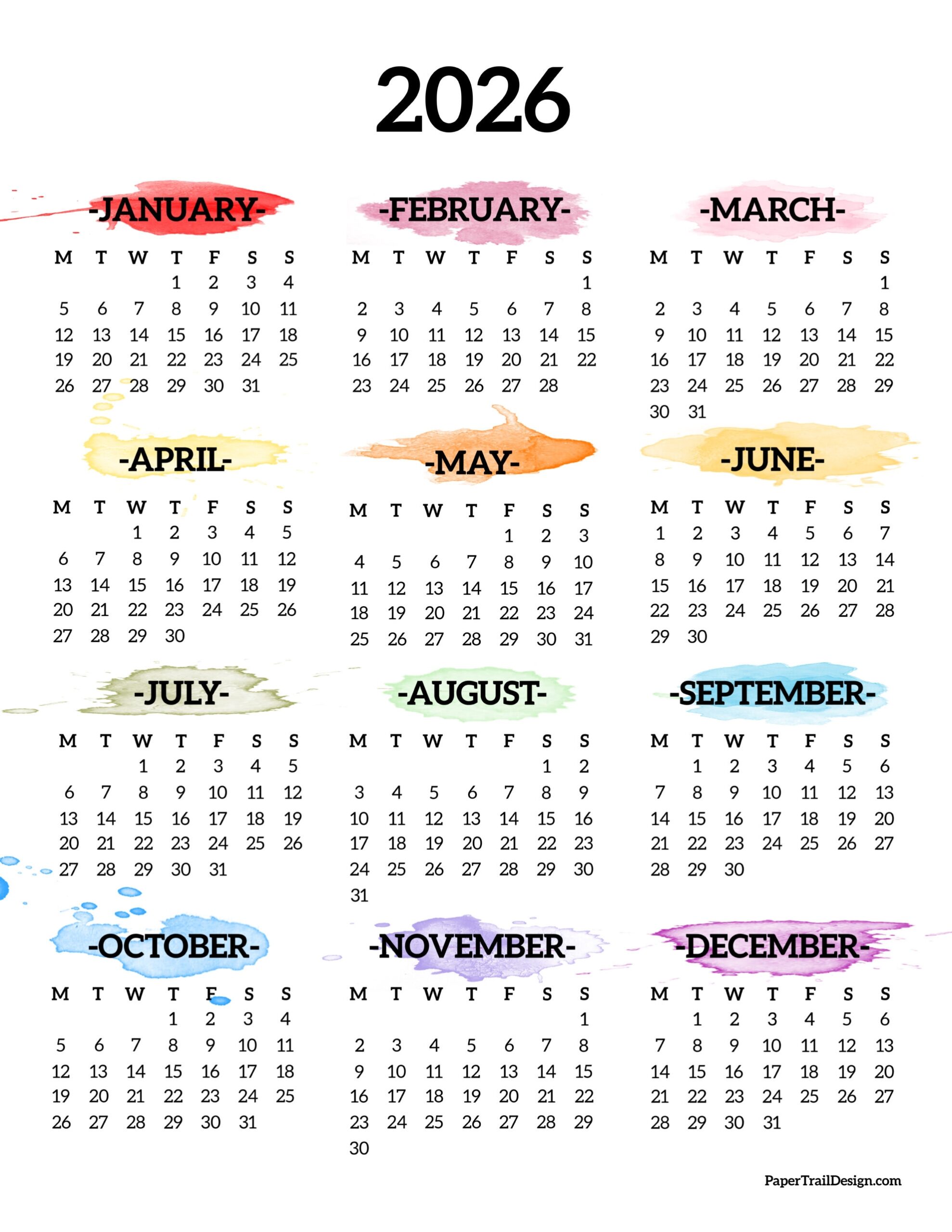 One Page 2026 Calendar Printable