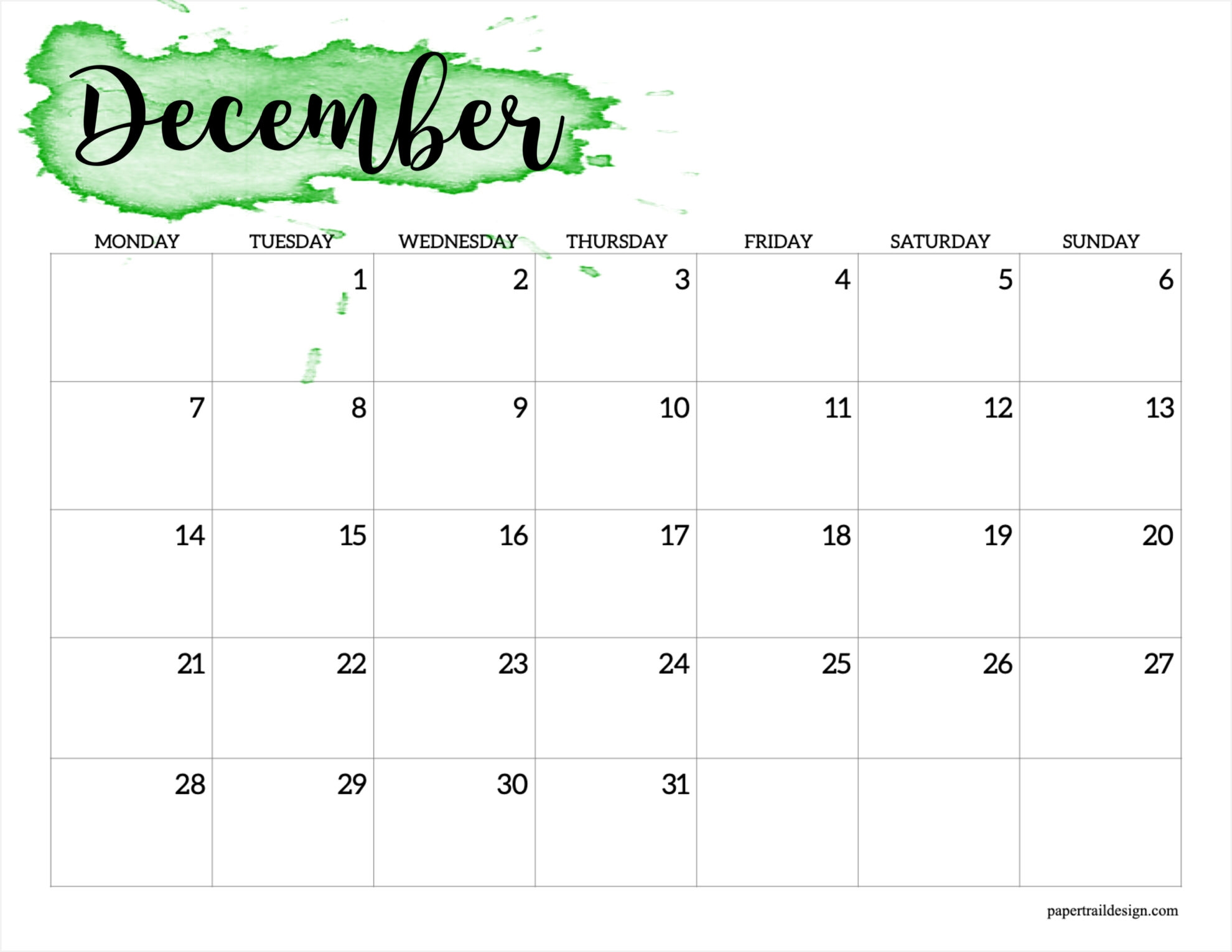 2026 Monday Start Calendar Printable Watercolor Paper Trail Design