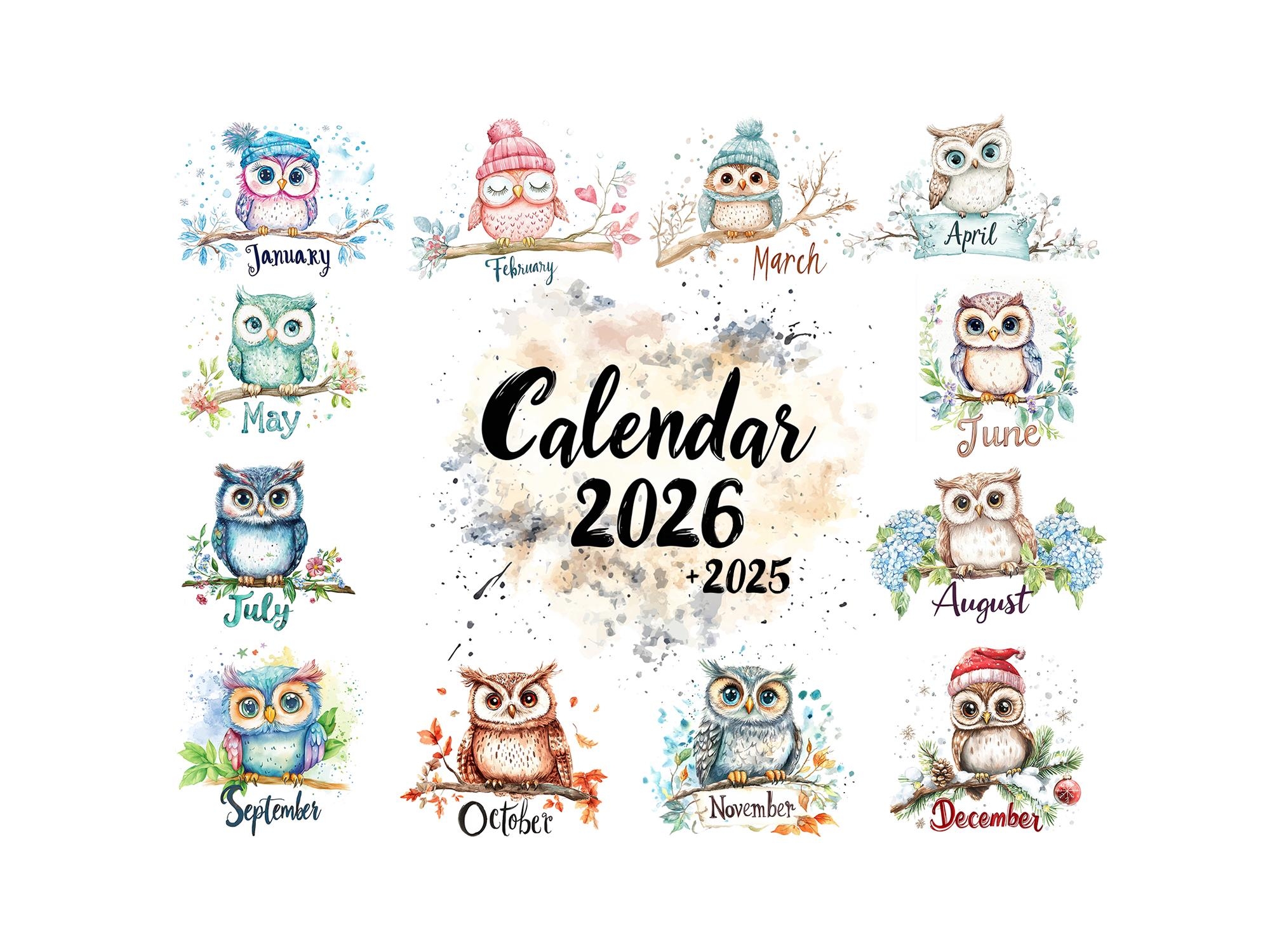 2026 Owl Watercolor Printable Calendar Monthly Wall Art Plus 
