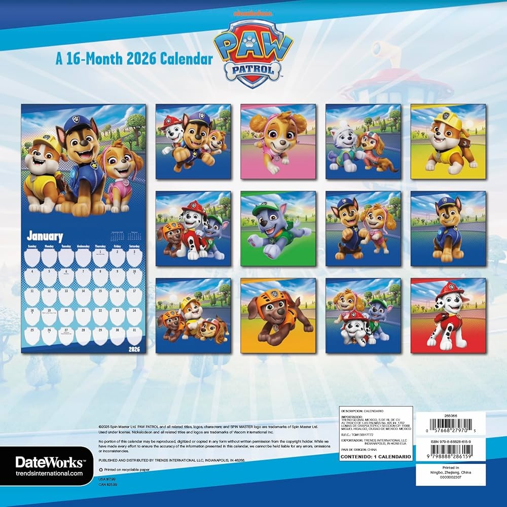 2026 Paw Patrol Wall Calendar Trends International 9798888286159 