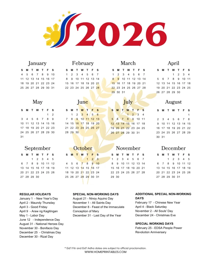 2026 Philippine Calendar With Holidays Free Printable PDF