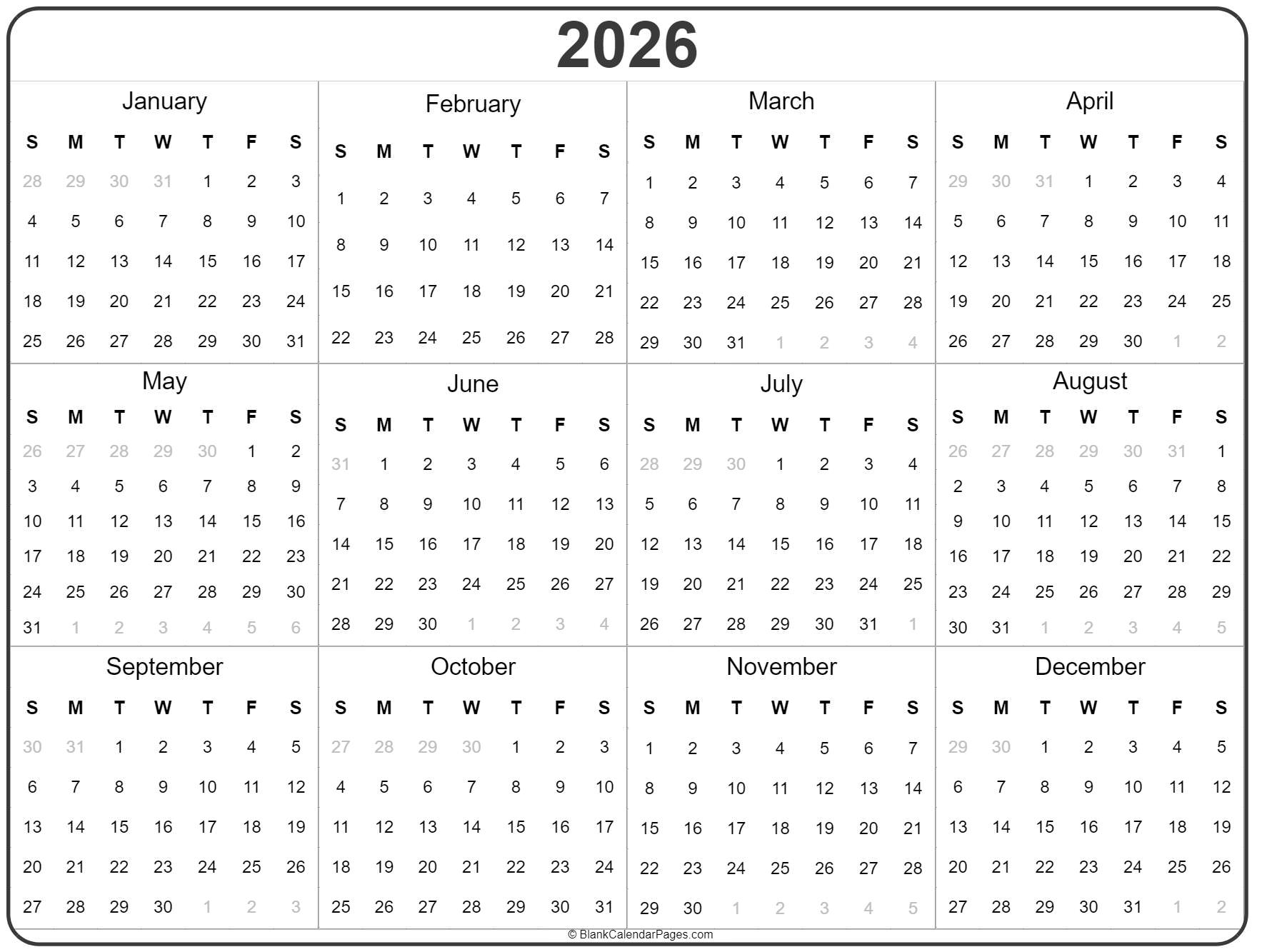 2026 Calendar Year At A Glance Printable