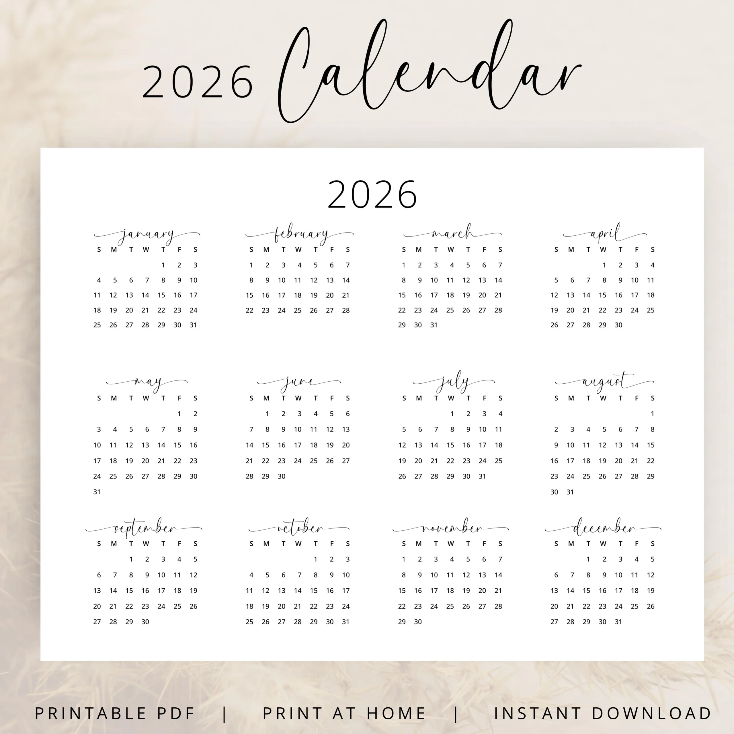 2026 Yearly Calendar 2026 Wall Calendar Landscape 2026 Calendar 