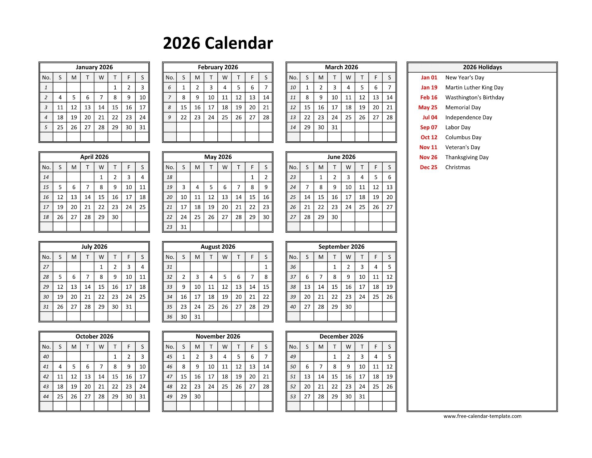 2026 Employee Attendance Calendar Printable