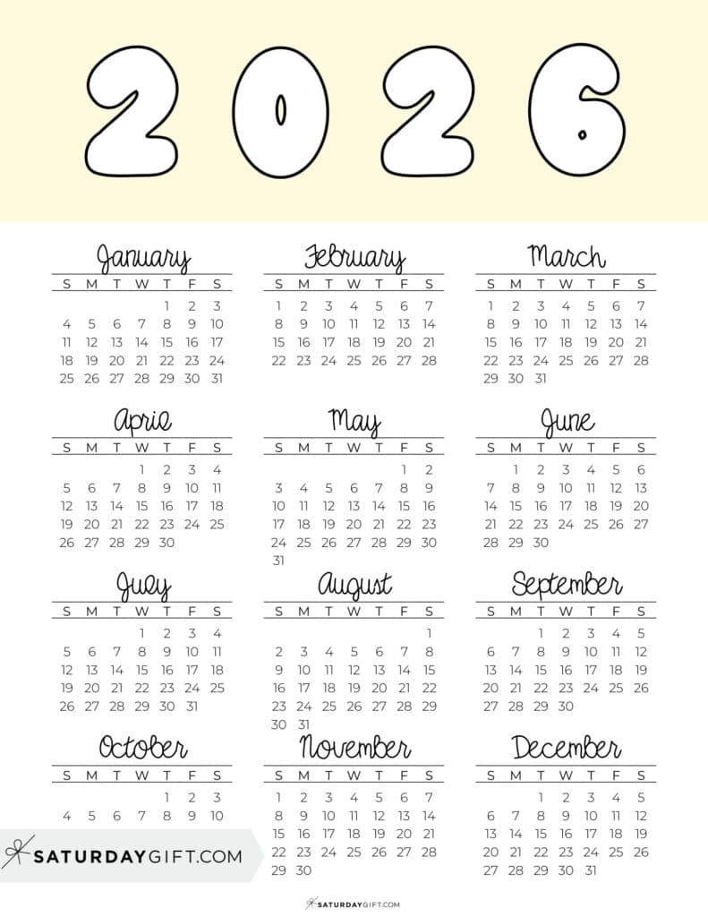 2026 Year At A Glance Calendar Printable Free