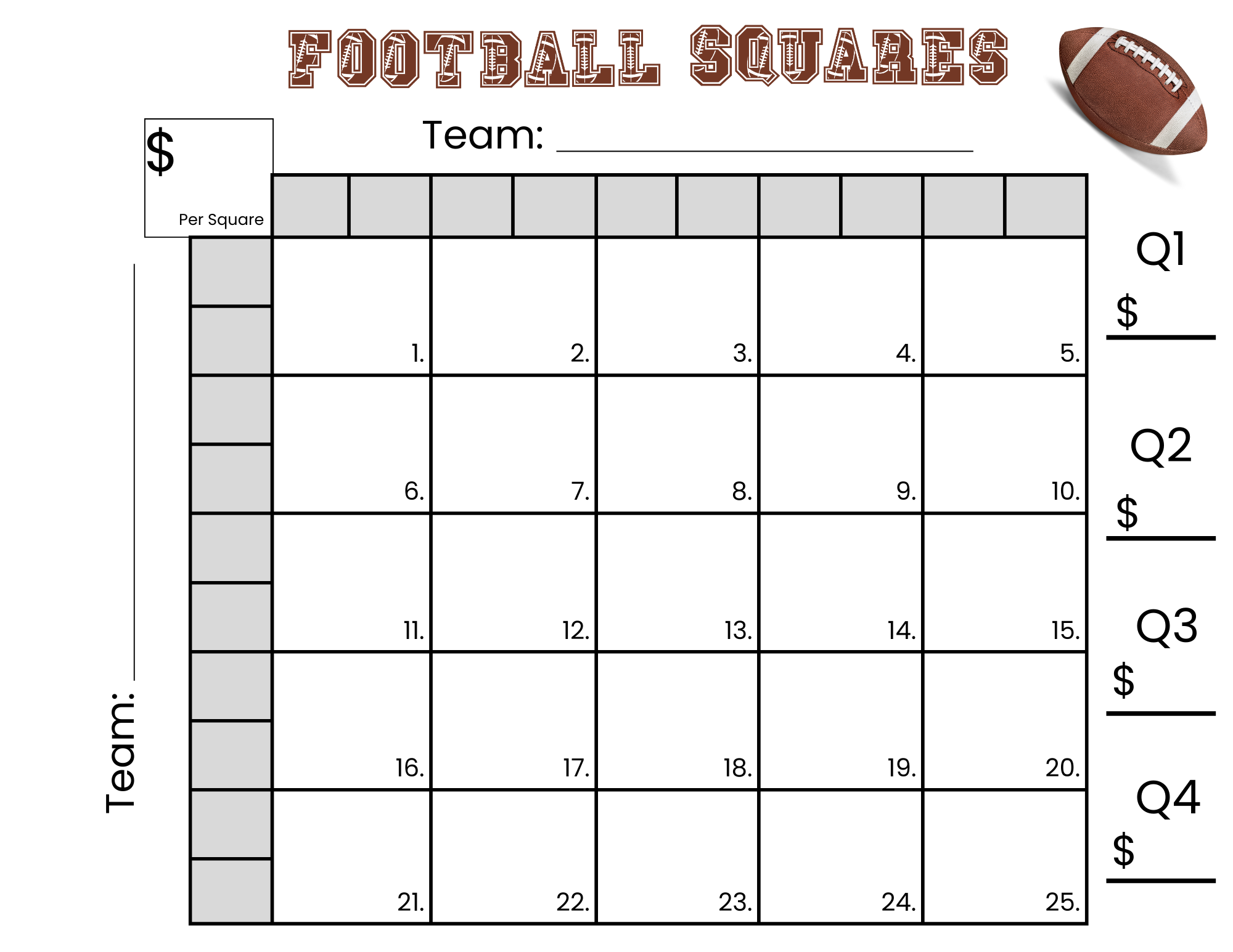 25 Football Squares Game Printable 5 5 Football Squares Instant 