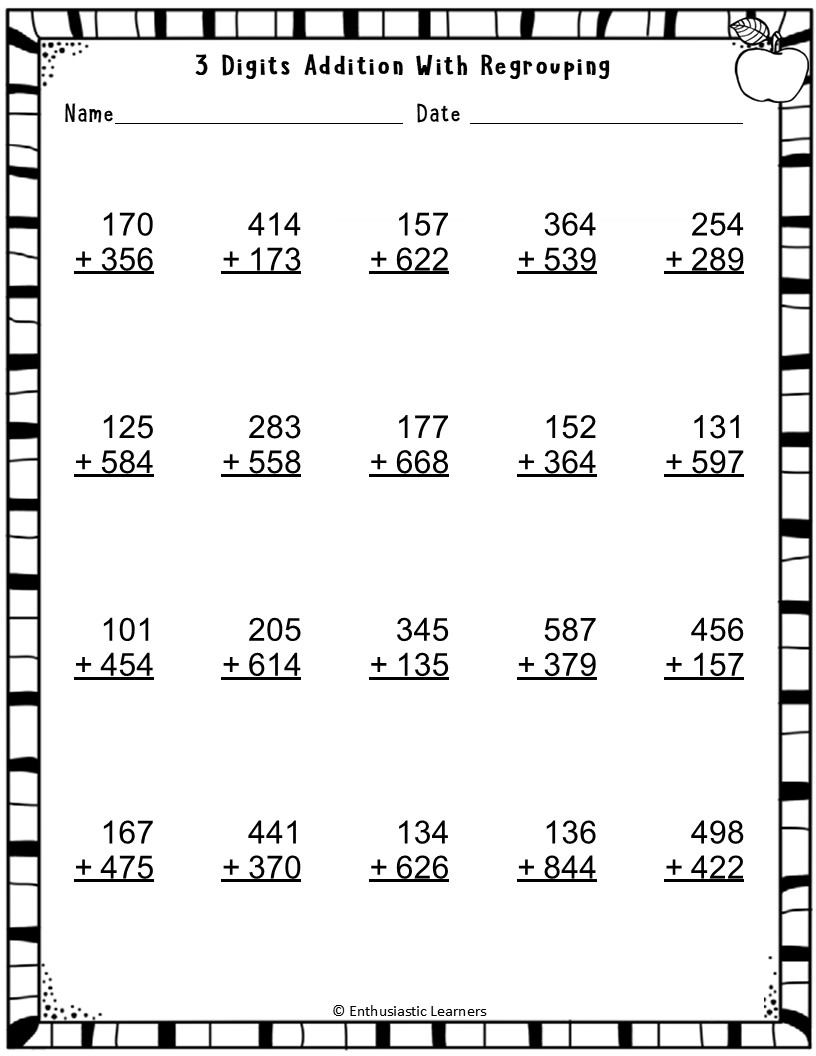 3 Digits Addition With Regrouping Math Worksheets Problems 