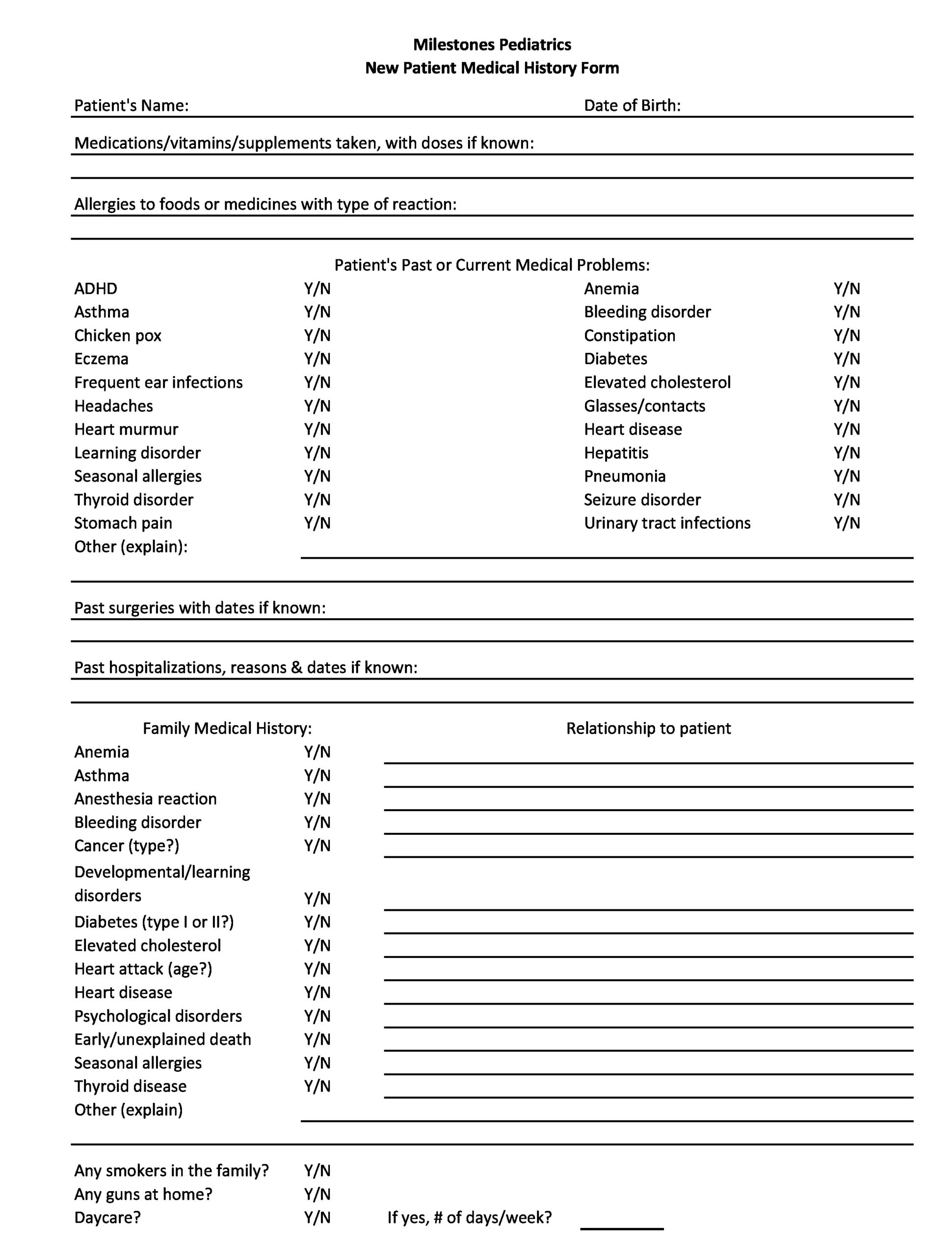 General Printable Medical History Form Template