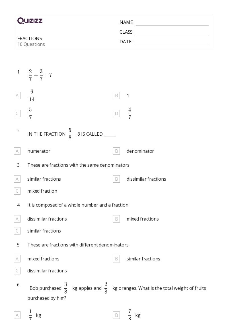 Free Printable Fraction Worksheets 7th Grade