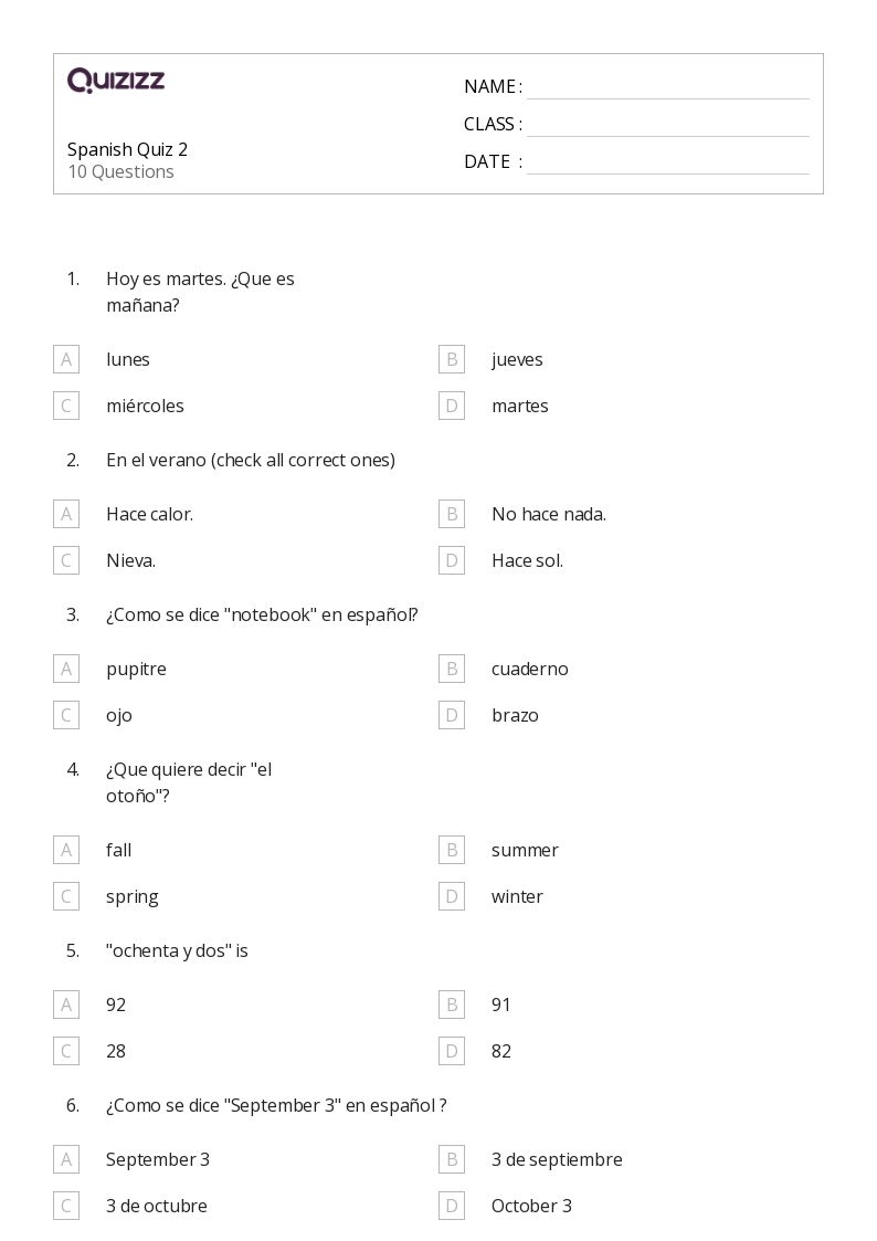 50 Spanish Worksheets On Quizizz Free amp Printable
