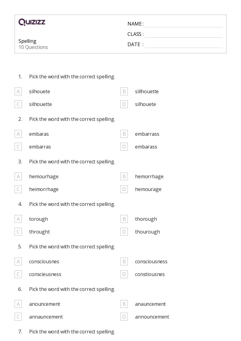 6th Grade Free Printable Worksheets Spelling