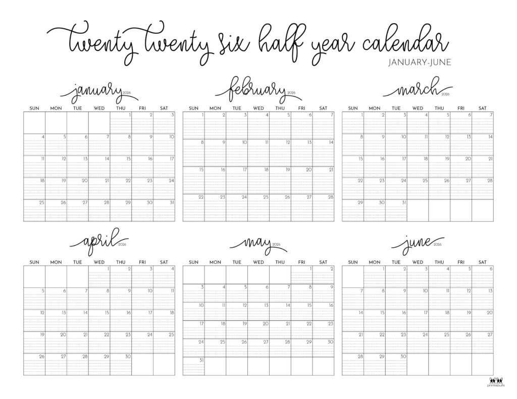6 Month Calendars 2026 40 FREE Calendars Printabulls