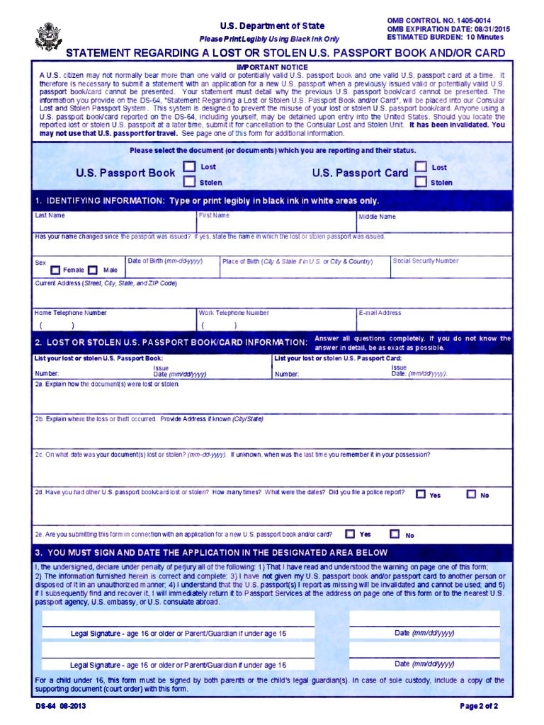 7 Form DS 64 Template For 2018 Ideas Form Passport Form Stolen 