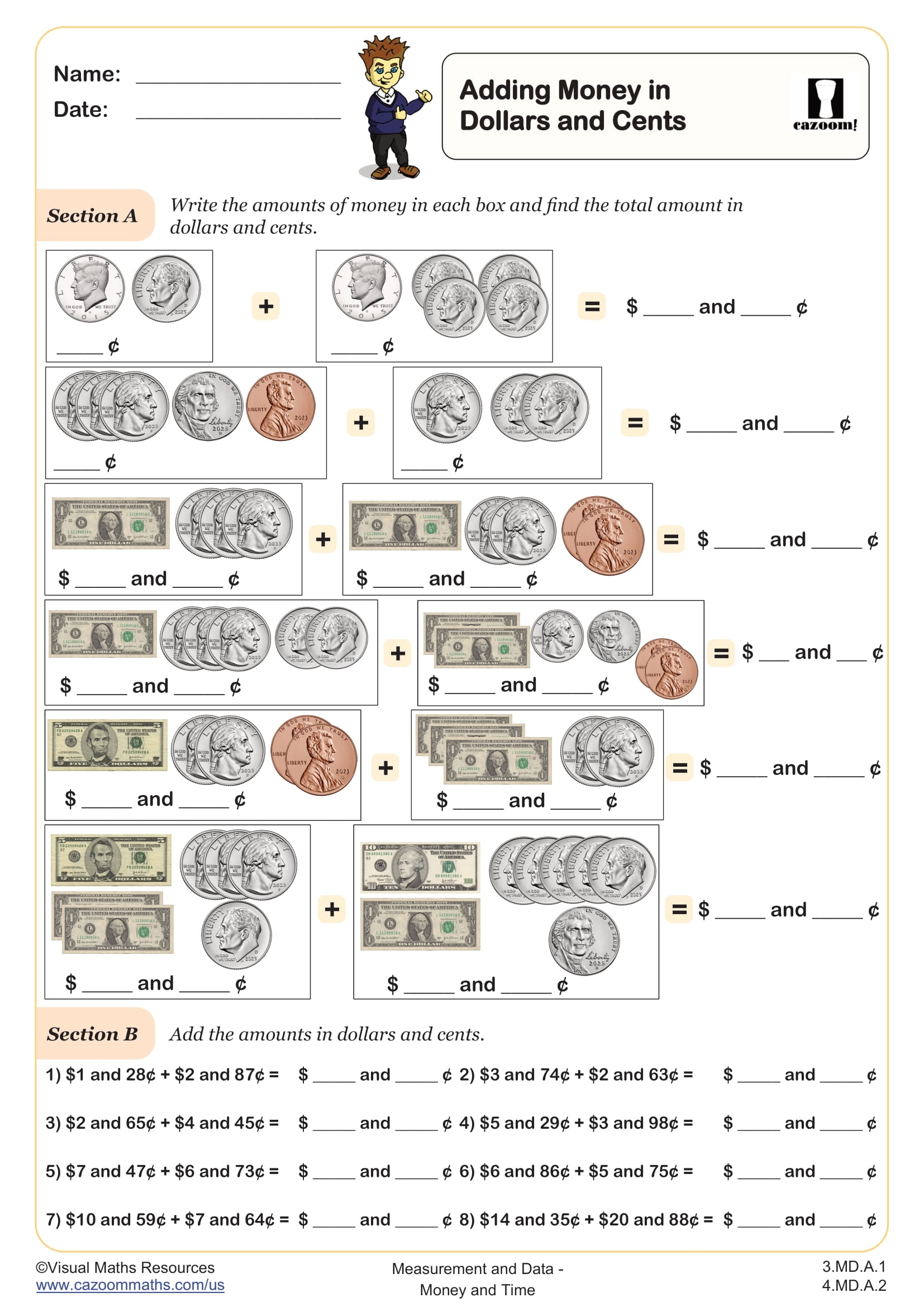 Adding Money In Dollars And Cents Worksheet Fun And Engaging 3rd 