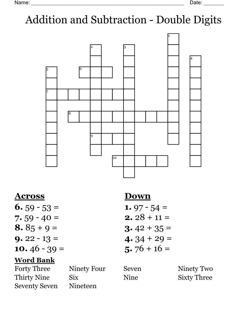 Addition And Subtraction Double Digits Crossword WordMint