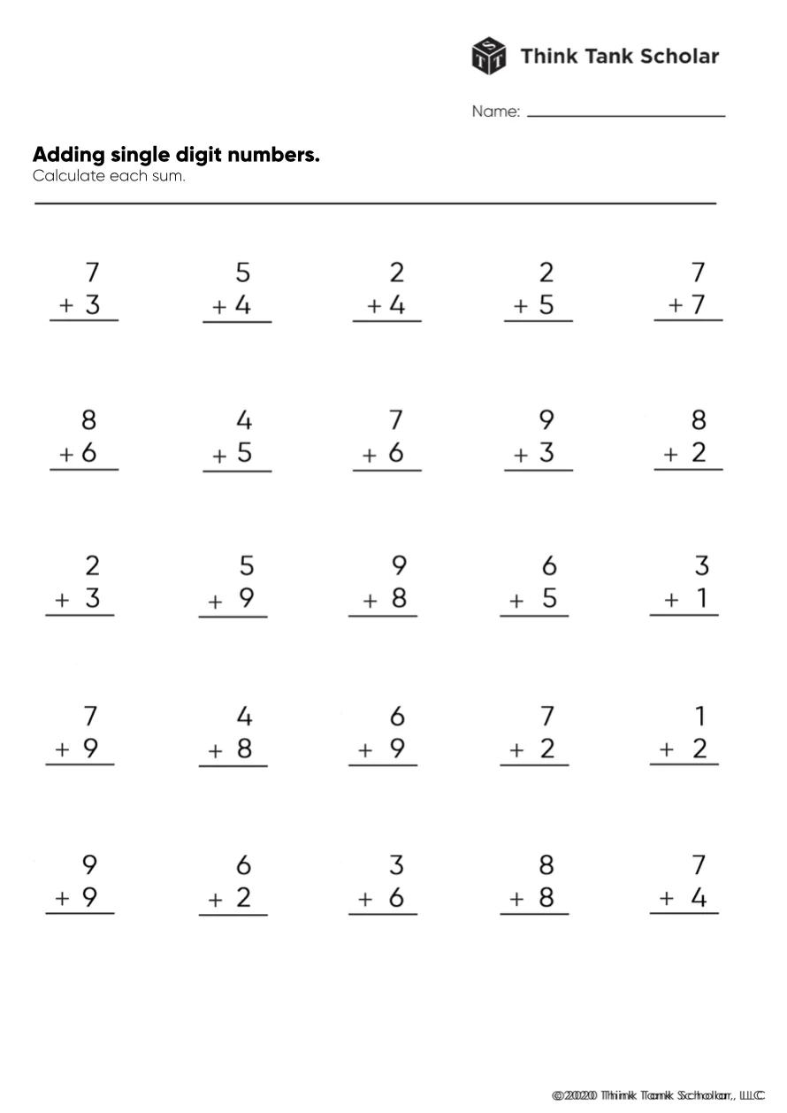 Addition Worksheets Exercises Printable PDF FREE Think Tank 