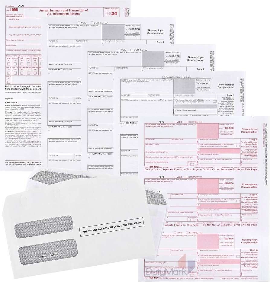 Amazon 1099 NEC Tax Forms 2024 and 25 Self Seal Envelopes 