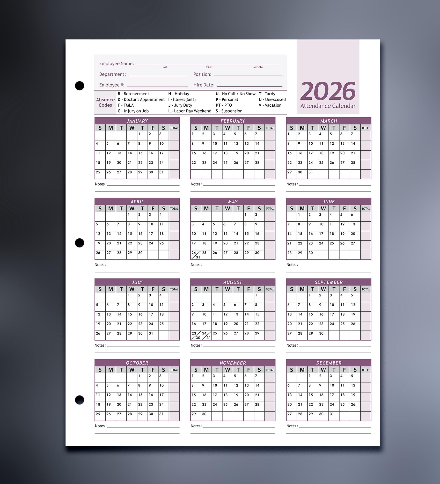 Amazon Attendance Calendar Employee Card Attendance Record 