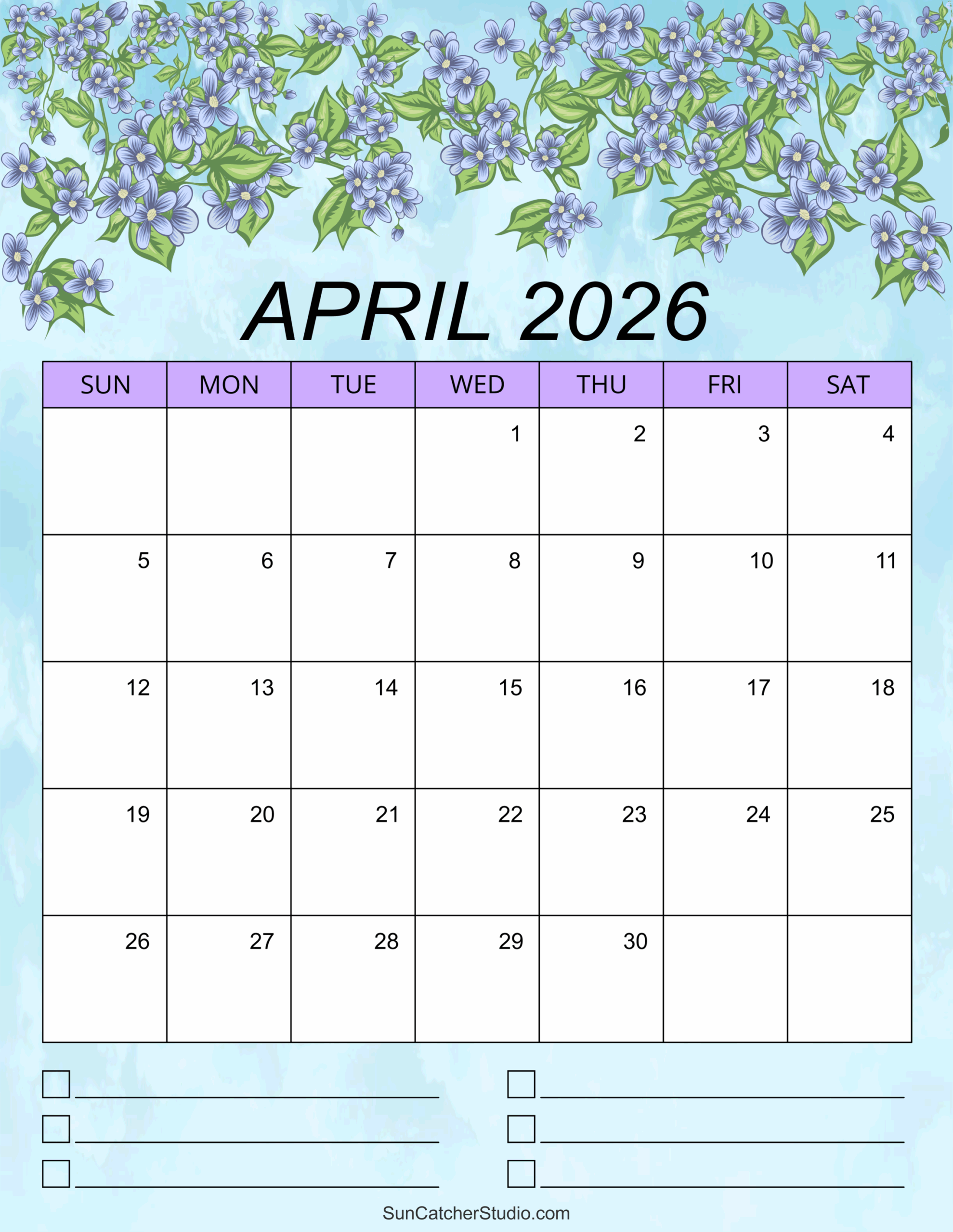 Free Printable April 2026 Calendar