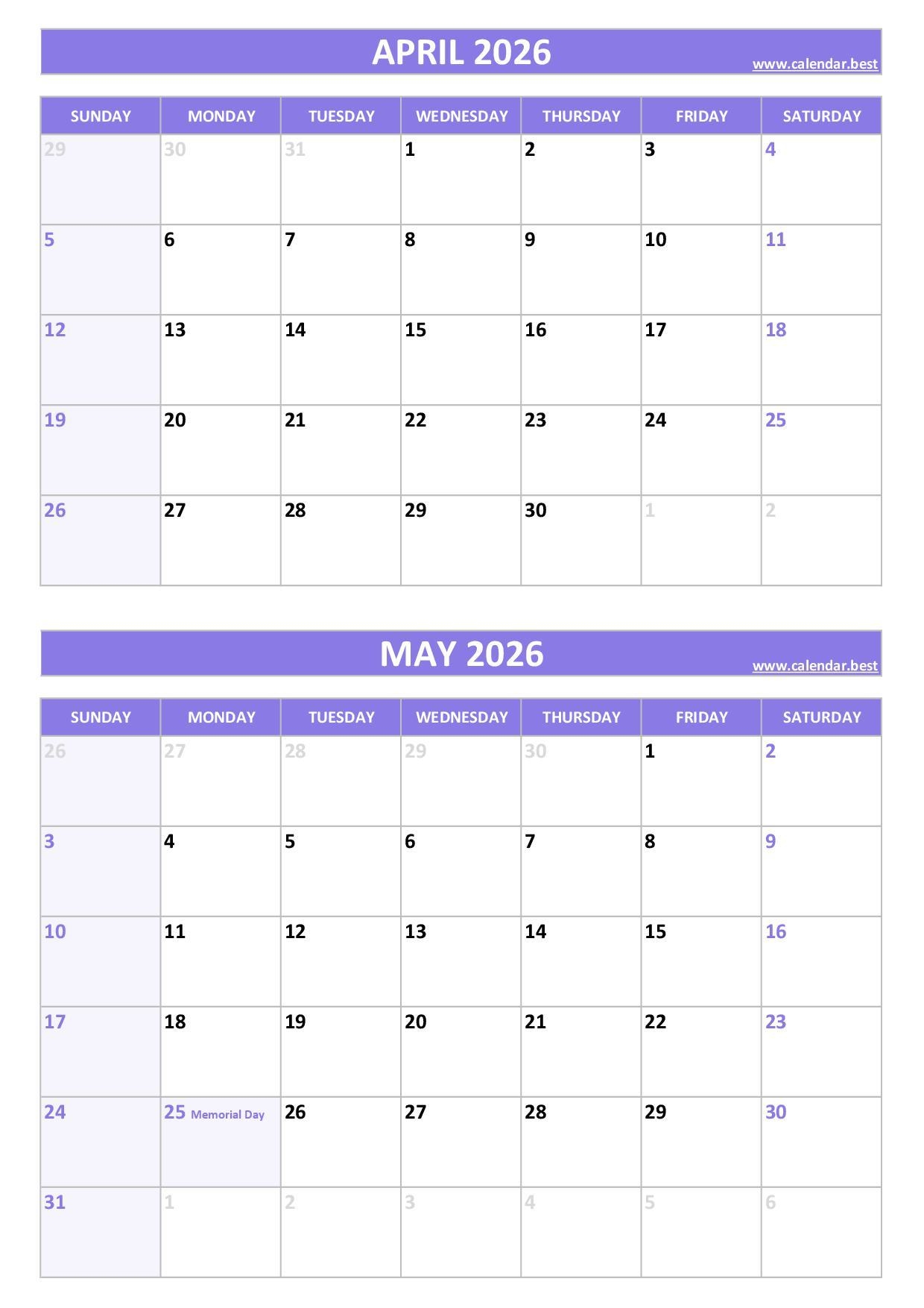 April May 2026 Calendar With Holidays
