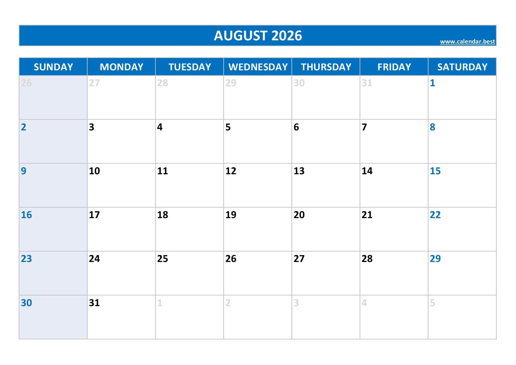 Free Printable August Calendar 2026 Blank