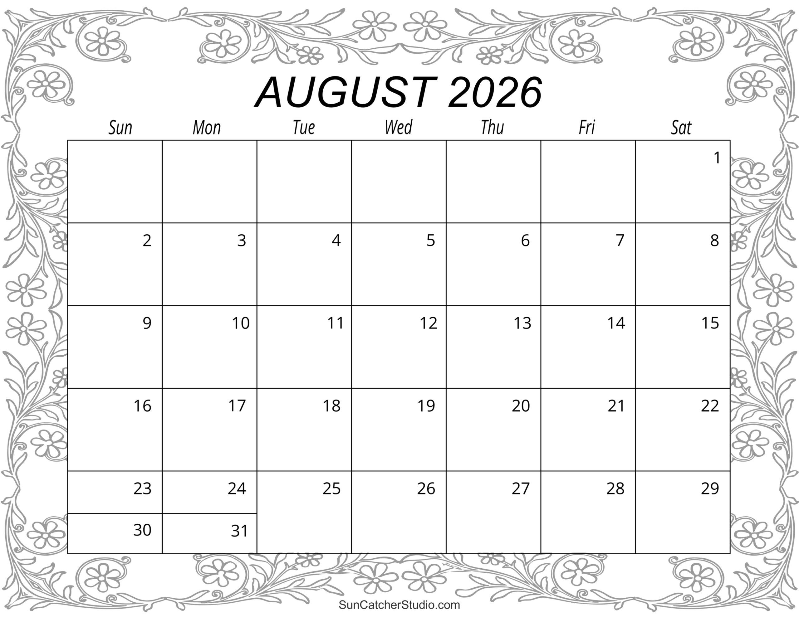 August Blank Calendar 2026 Monday Start