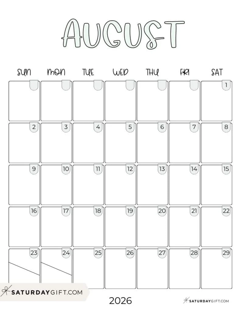 Blank Printable August Calendar 2026