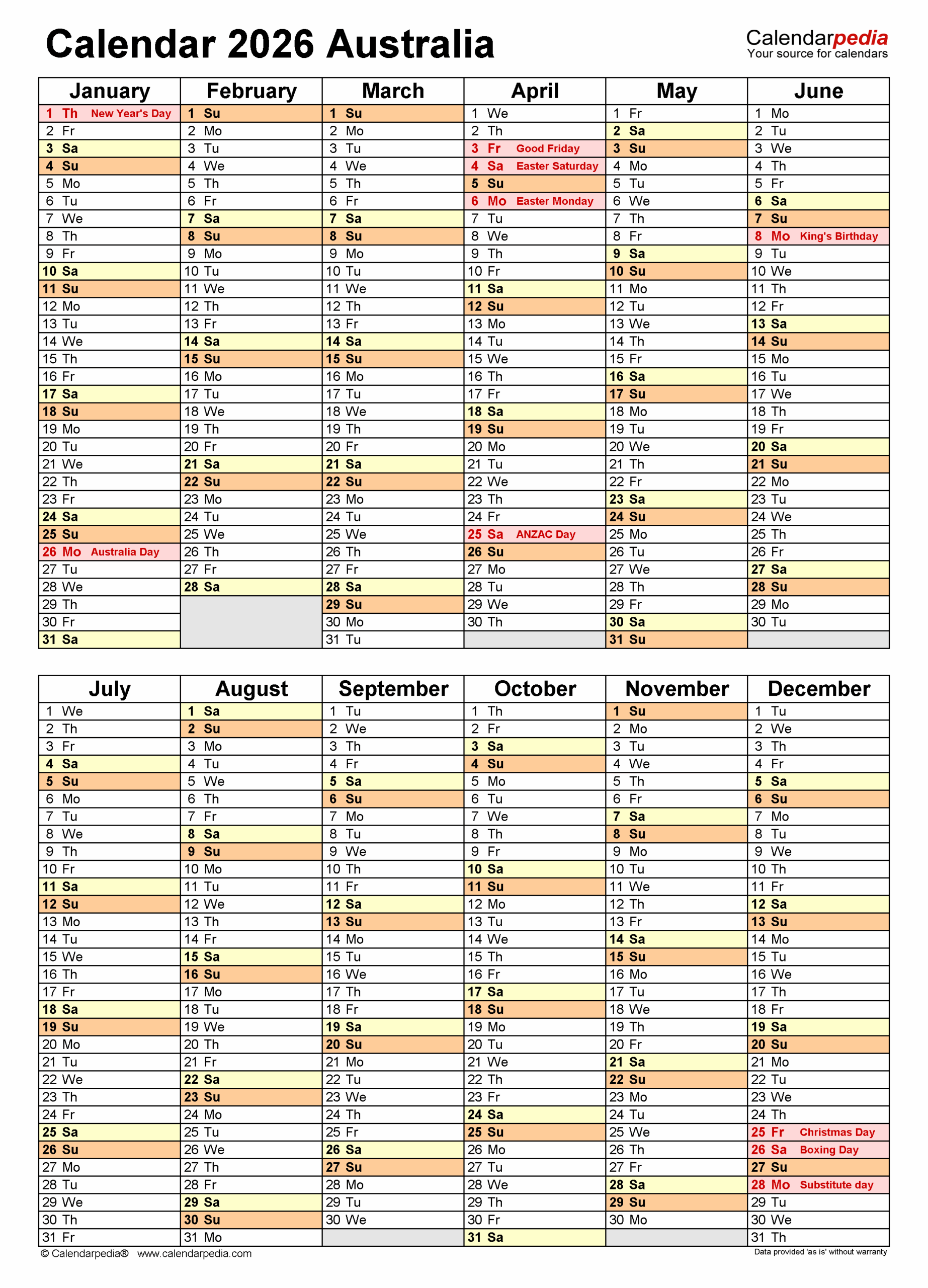 December 2026 Calendar Australia Printable