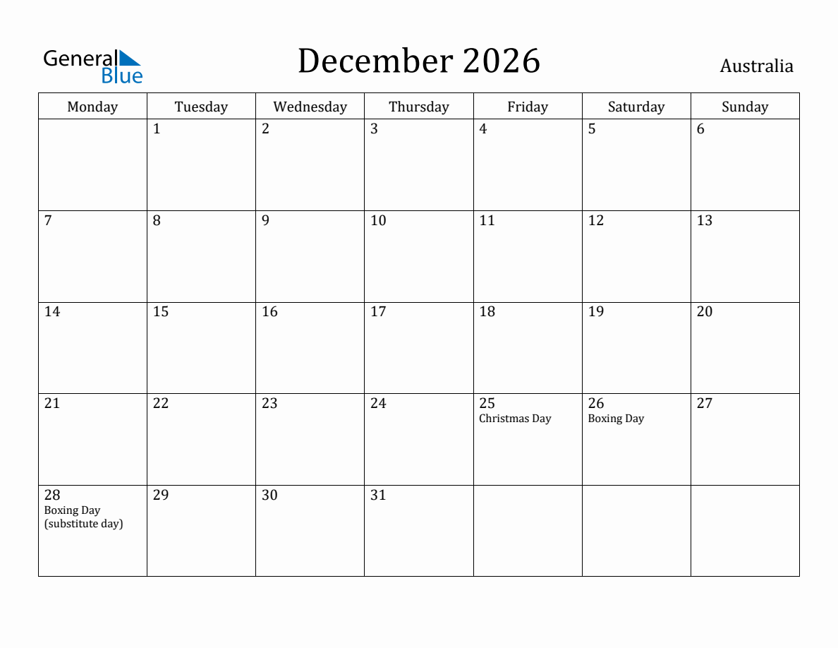 Australia Monthly Calendar December 2026 Monday Start 
