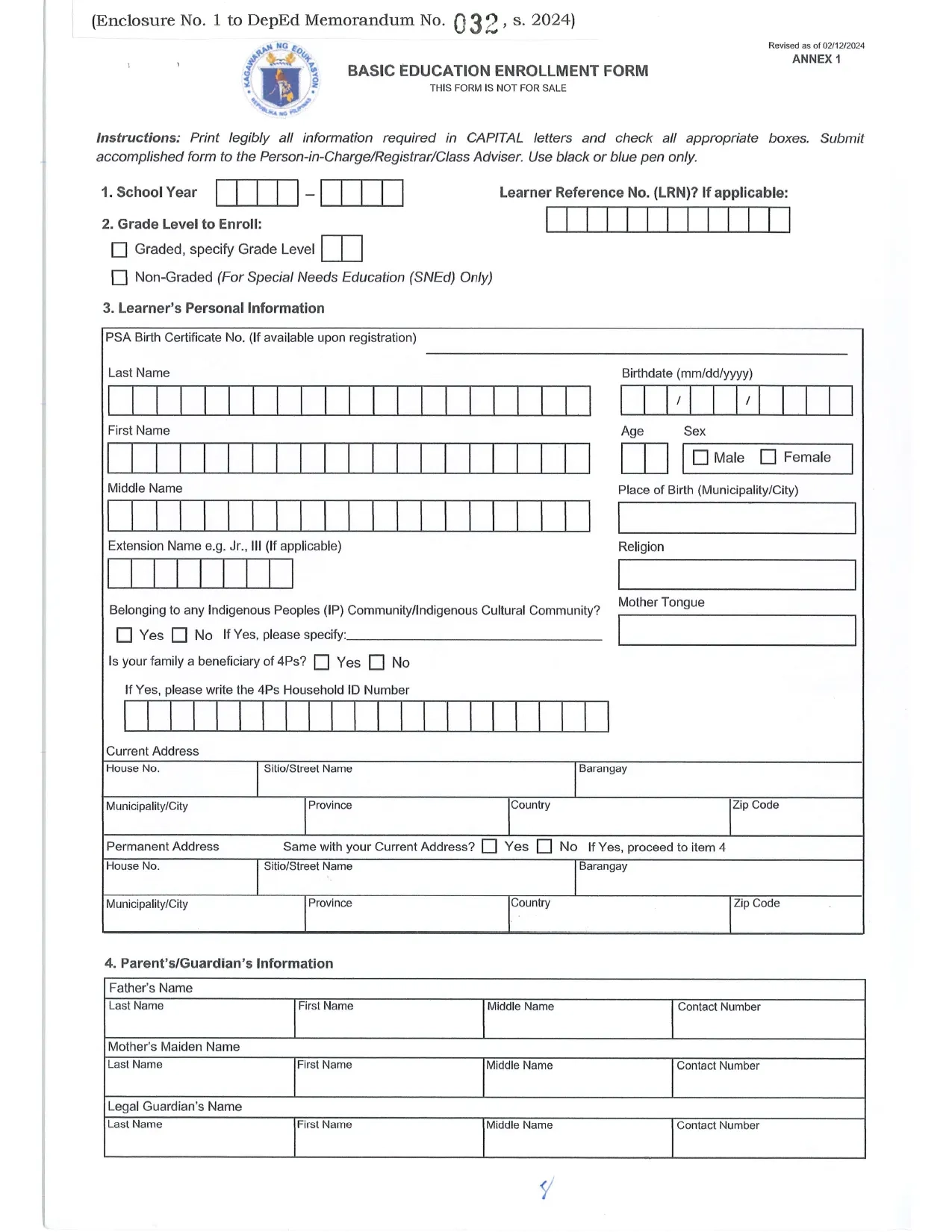 Basic Education Enrollment Form Enclosure No 1 The DepEd 