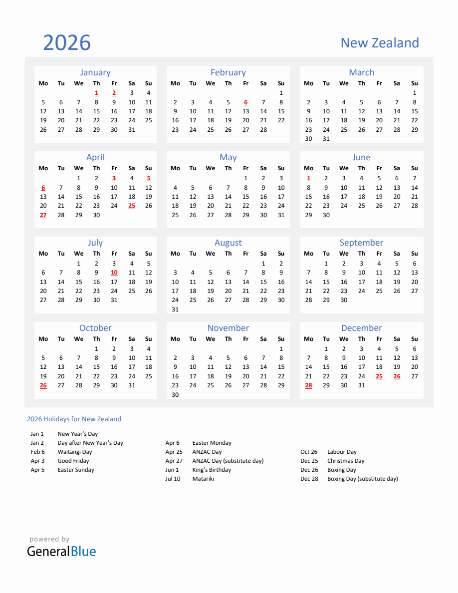 Basic Yearly Calendar With Holidays In New Zealand For 2026 
