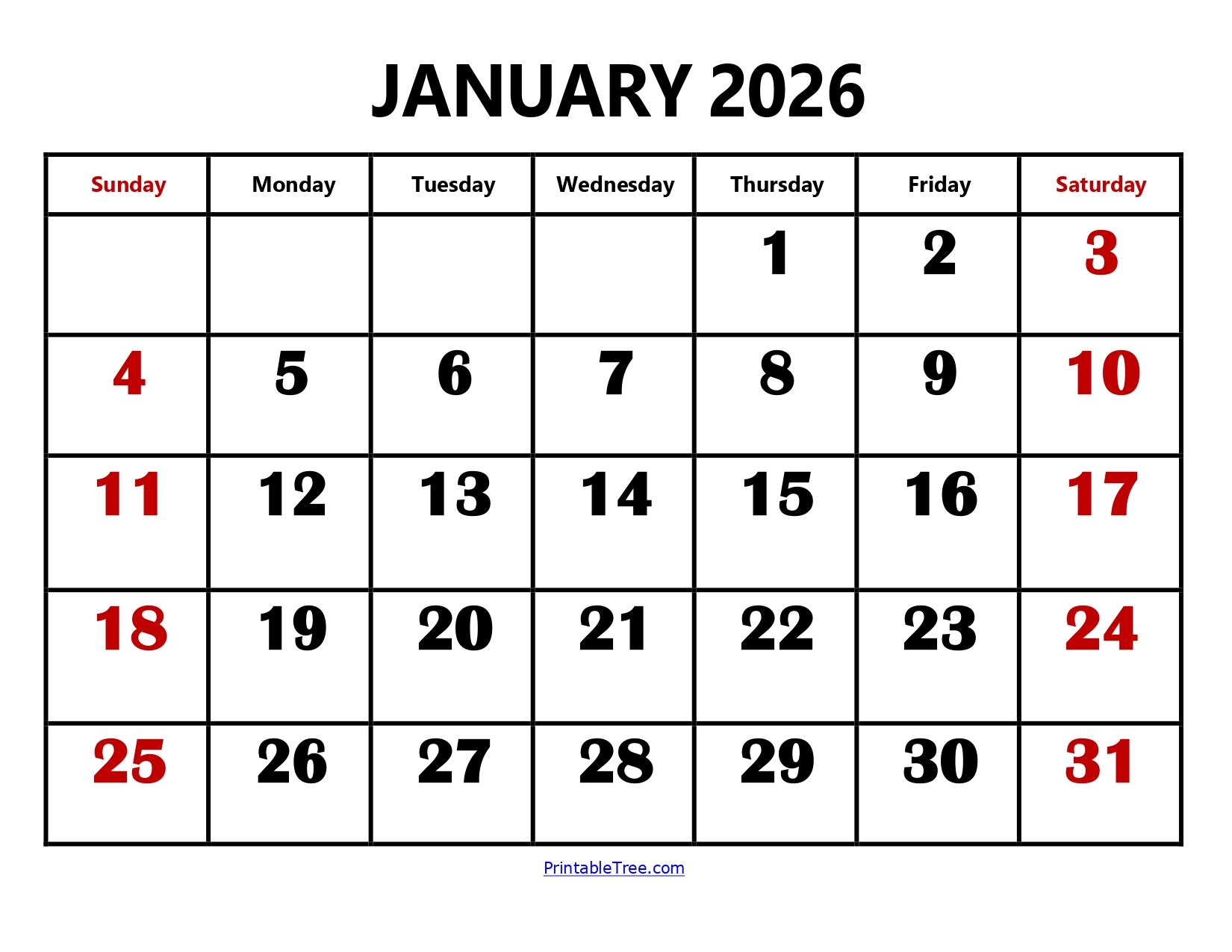 January 2026 Calendar Template
