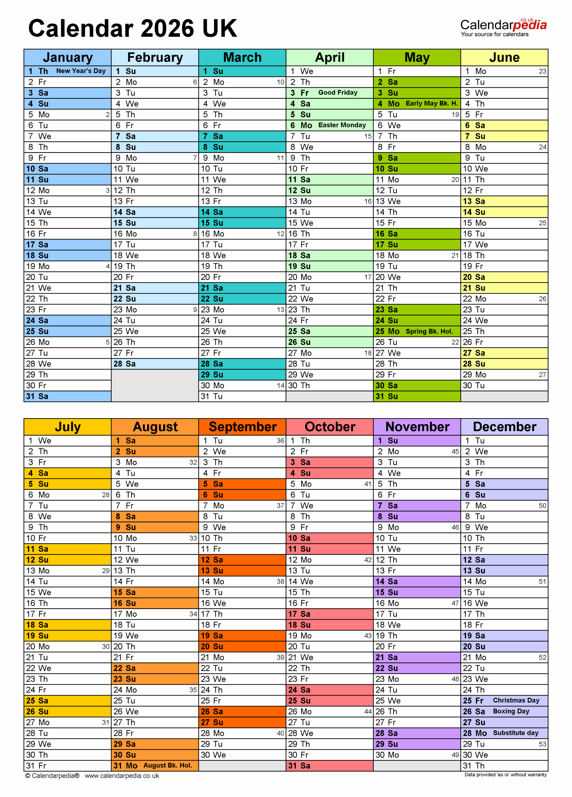 Calendar 2026 UK Free Printable PDF Templates