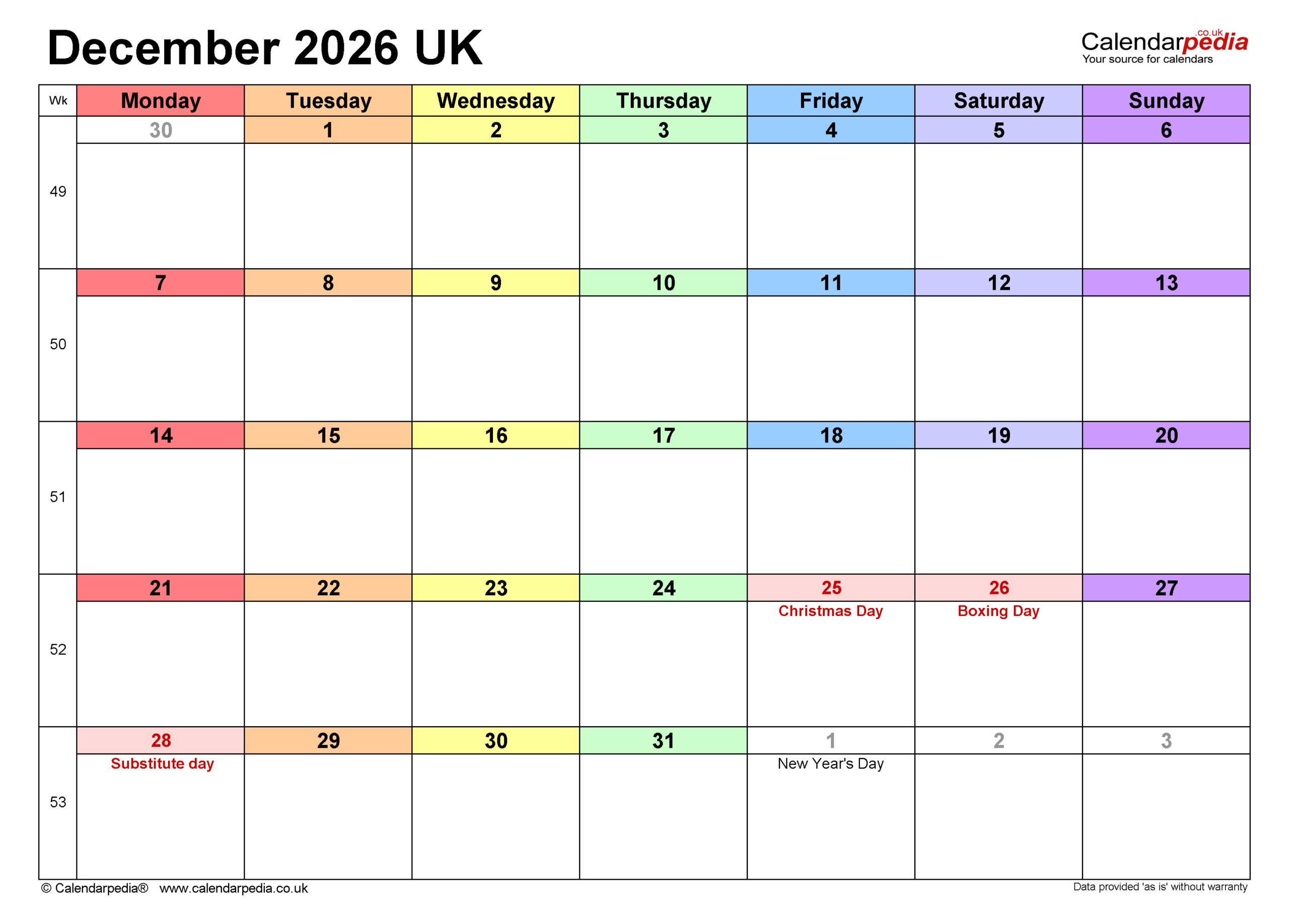 Calendar December 2026 UK With PDF Excel And Word Templates